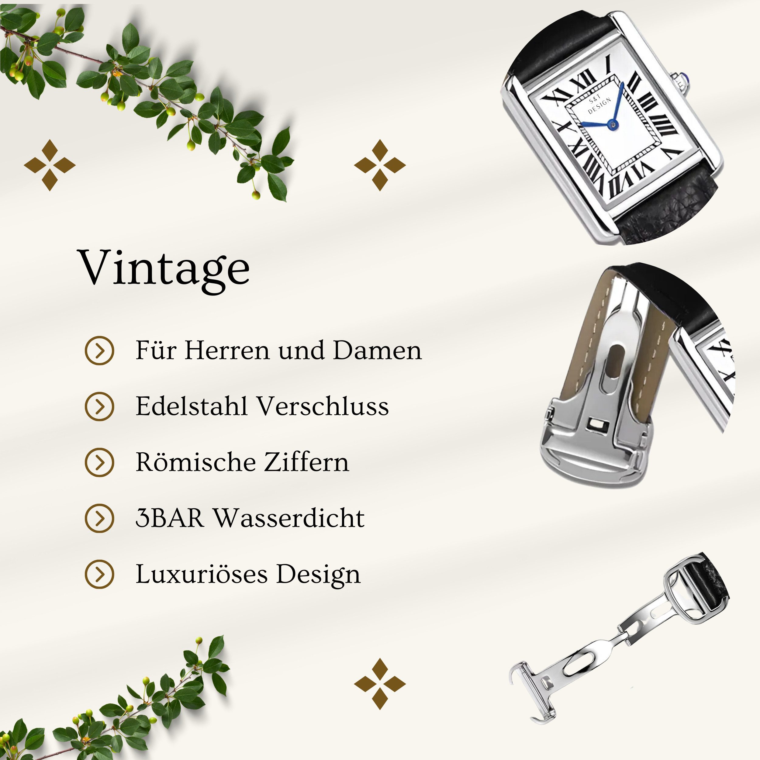 S&T Design Quarzuhr Vintage Paar Uhren Armbanduhr Damen Herren Rechteckige Uhr, (inkl. Geschenkbox, HOMME / FEMME), Elegant Römische Zahlen Minimalistisch