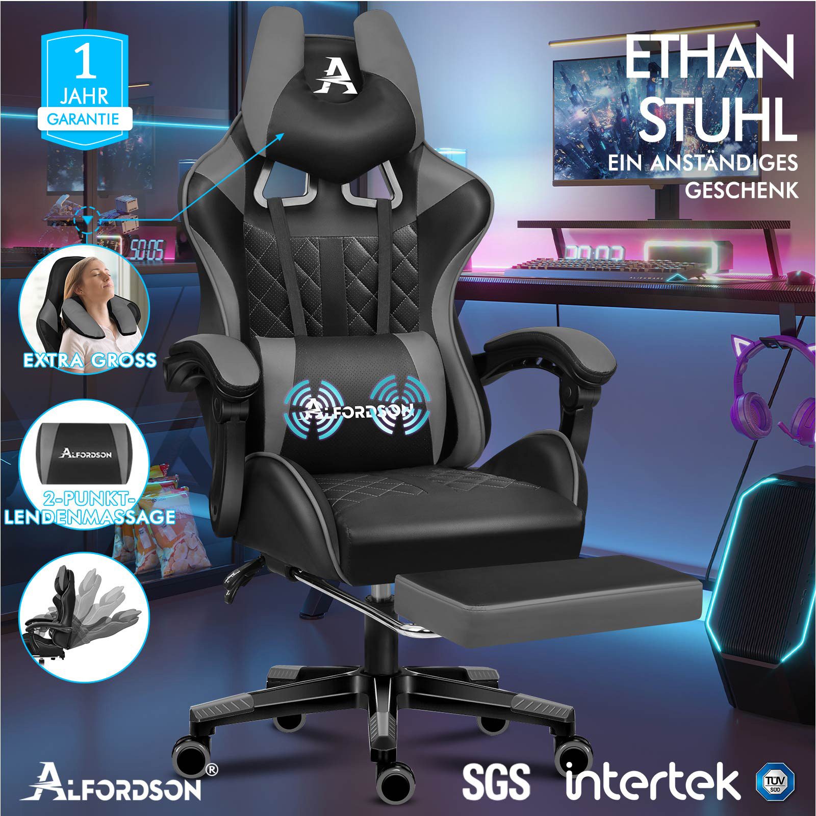 ALFORDSON Gaming-Stuhl Bürostuhl, Integrierte Fußstütze, mit Lendenwirbelki günstig online kaufen