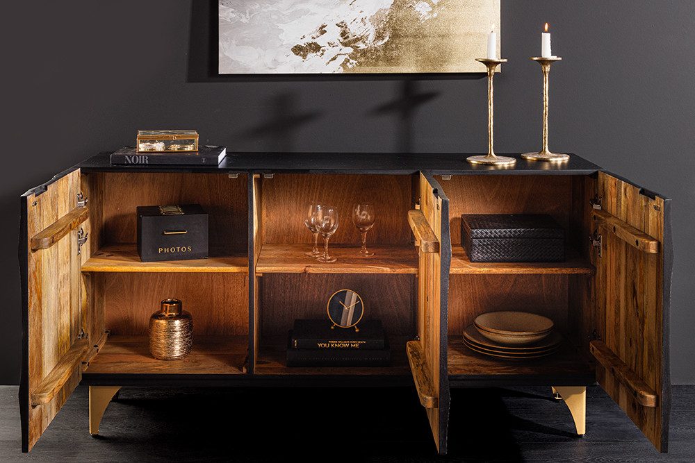 riess-ambiente Sideboard GOLDEN SUNSET 140cm schwarz / gold - 3D Schnitzereien, Mangoholz (Einzelartikel, 1 St), handgefertigte Kommode mit Metallbeinen - ideal für Wohnzimmer & Flur