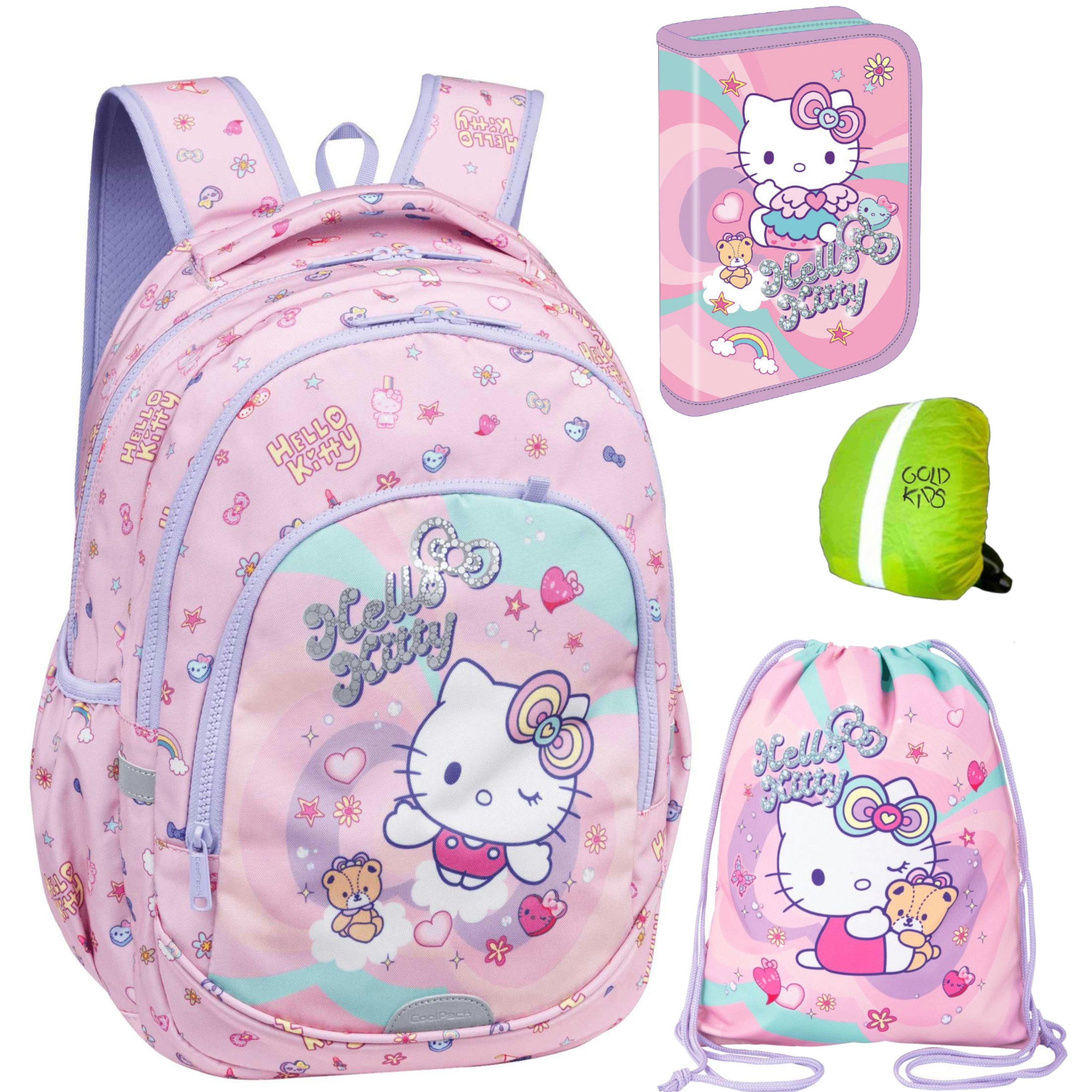 GOLDKIDS Schulranzen für Mädchen, 4er-Set - (Schul-Rucksack für Kinder mit Federmäppchen, 1-tlg., - Schuhbeutel und Regenschutz), - Hello Kitty Motiv