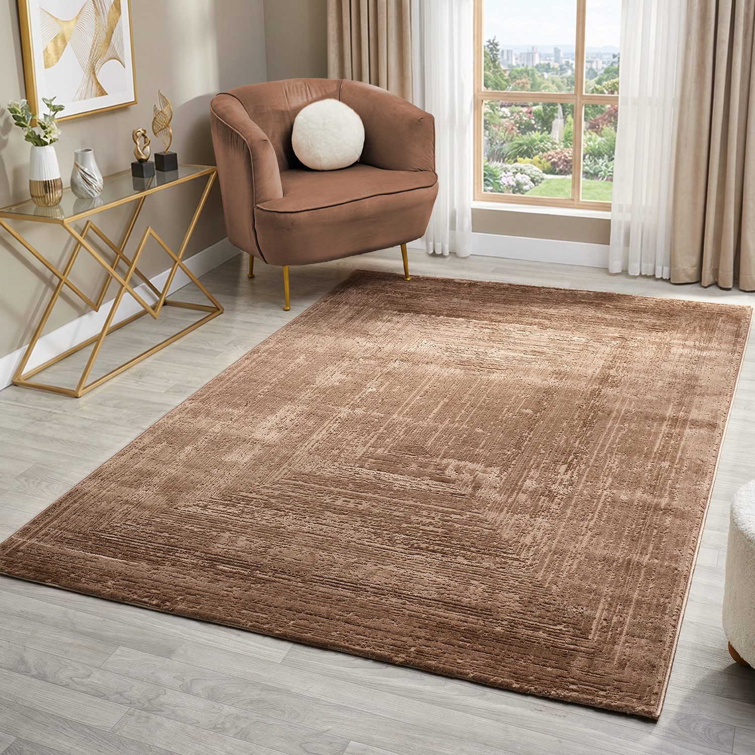 Vimoda Teppich Neuer moderner Premium-Designteppich fürs Wohnzimmer, Rechteckig, Höhe: 11 mm, Teppich Wohnzimmer 3D effekt Boho Einfarbig hoch-tief Bordüre