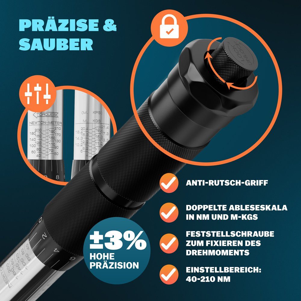 Deuba Drehmomentschlüssel Monzana (6 St), 40-210Nm 1/2 " CV inkl. 3 Stecknüsse +/- 3% kalibriert Auto Motorrad – Bild 4 von 5