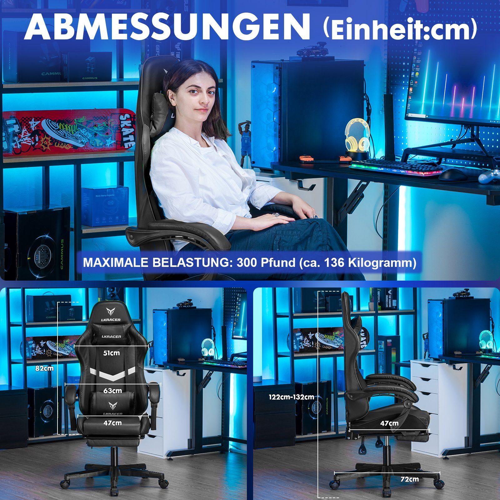 LUCKRACER Gaming-Stuhl Gaming Chair Bürostuhl Ergonomisch mit Lendenkissen Kopfkissen, Höhenverstellbarer Gamer Stuhl 150kg Belastbar – Bild 3 von 5