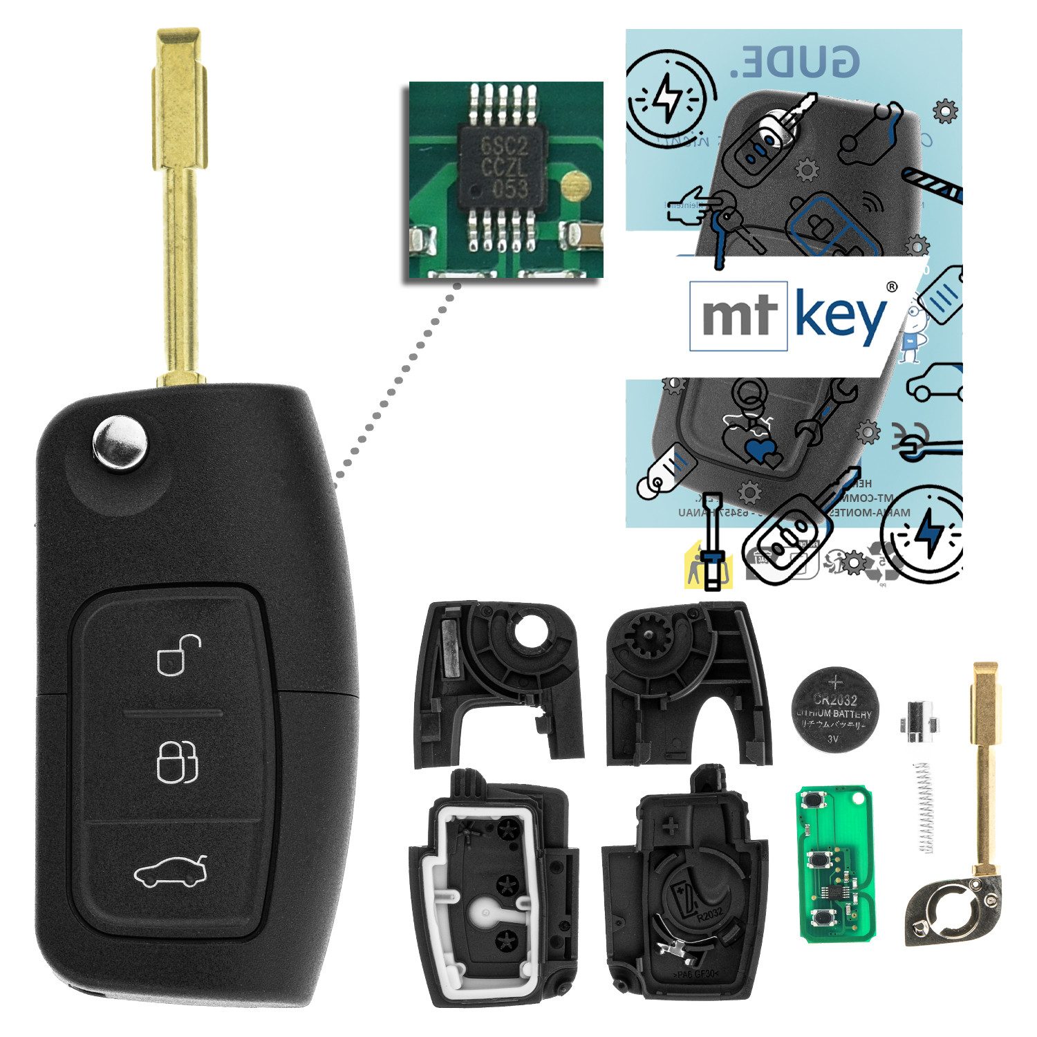 mt-key Schlüsseltasche 3 Tasten Auto Funk Schlüssel 434MHZ (Set), für Ford Focus (DAW/DBW/DNW I, 98–04), Mondeo (B4Y/B5Y/BWY, 01–07)...