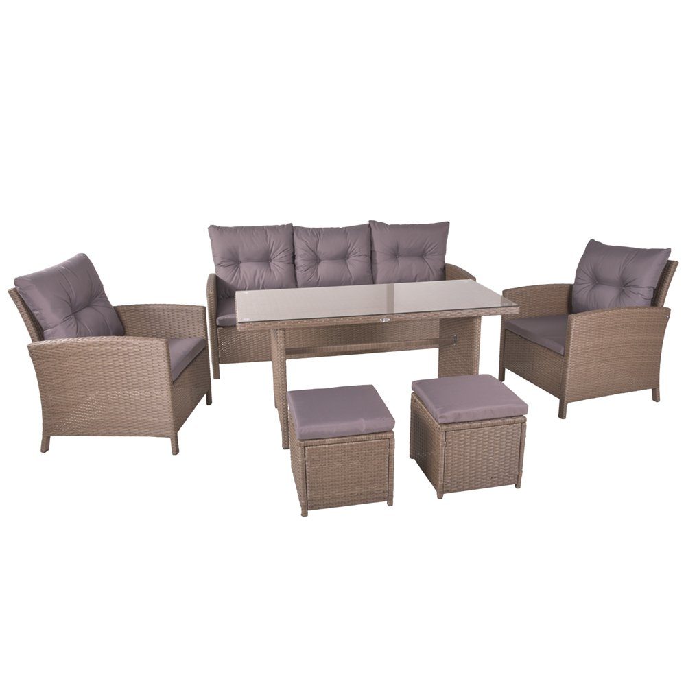 Lomadox Garten-Essgruppe GAZA-120, Sitzgruppe in braun, Polyrattan, 2 Sessel, Bank, 2 Hocker, Tisch