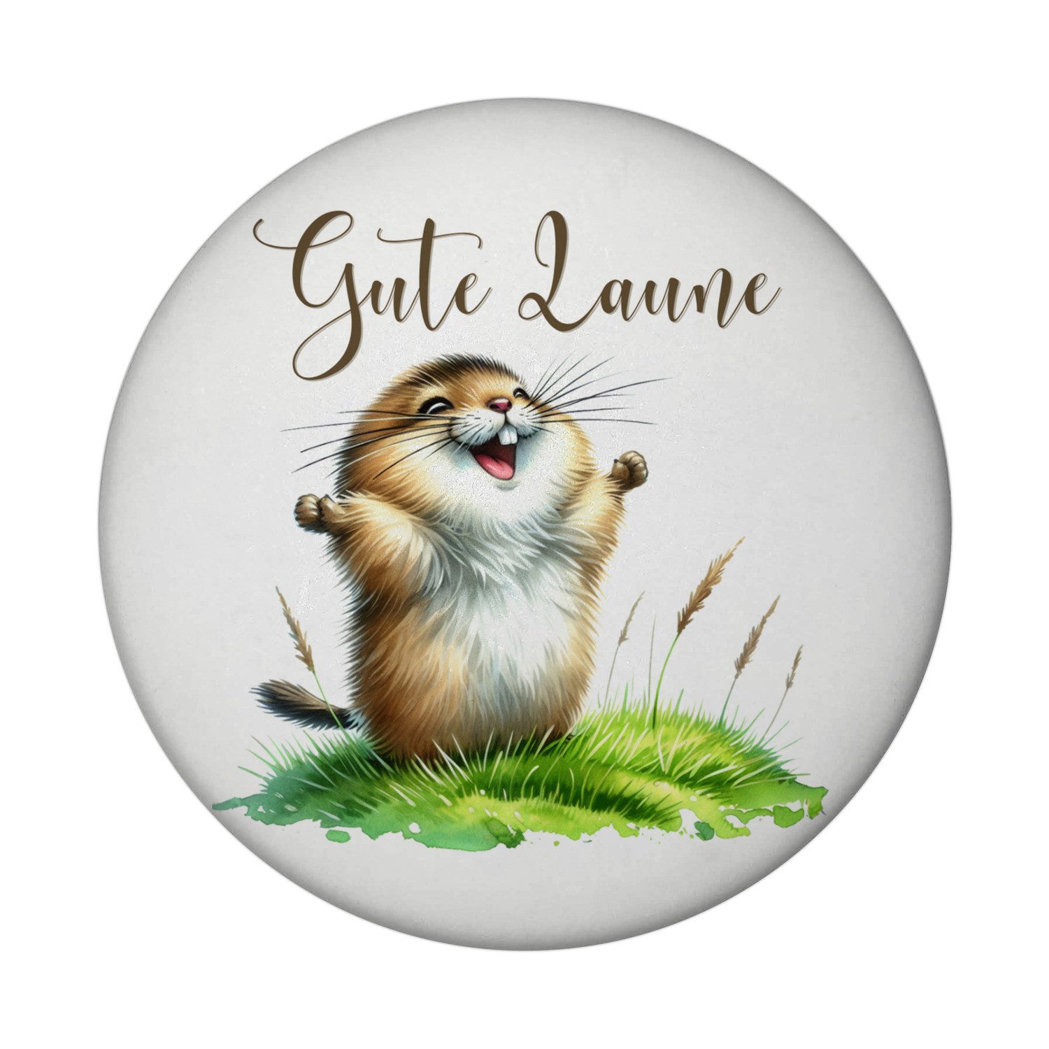 Magnet jubelnder Lemming Magnet mit Flaschenöffner rund mit Spruch Gute Laune