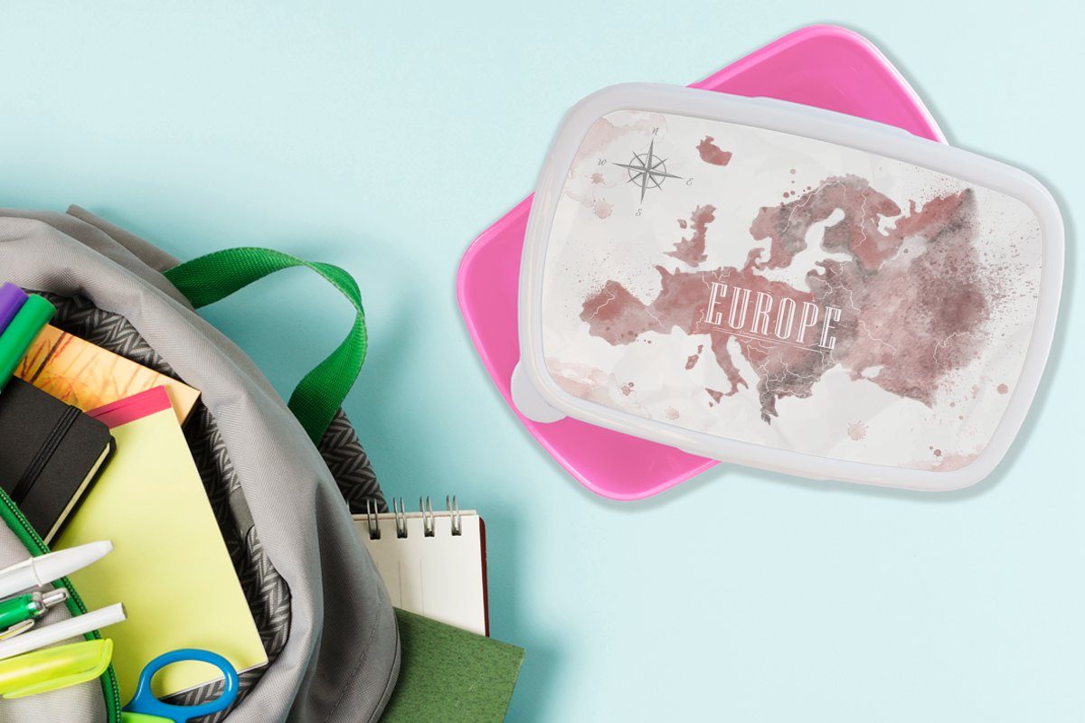 Brotbox Lunchbox MuchoWow Kunststoff, - Karte Europa - Snackbox, Kinder, für rosa Aquarell Mädchen, (2-tlg), Brotdose Erwachsene, Kunststoff Kompass, -