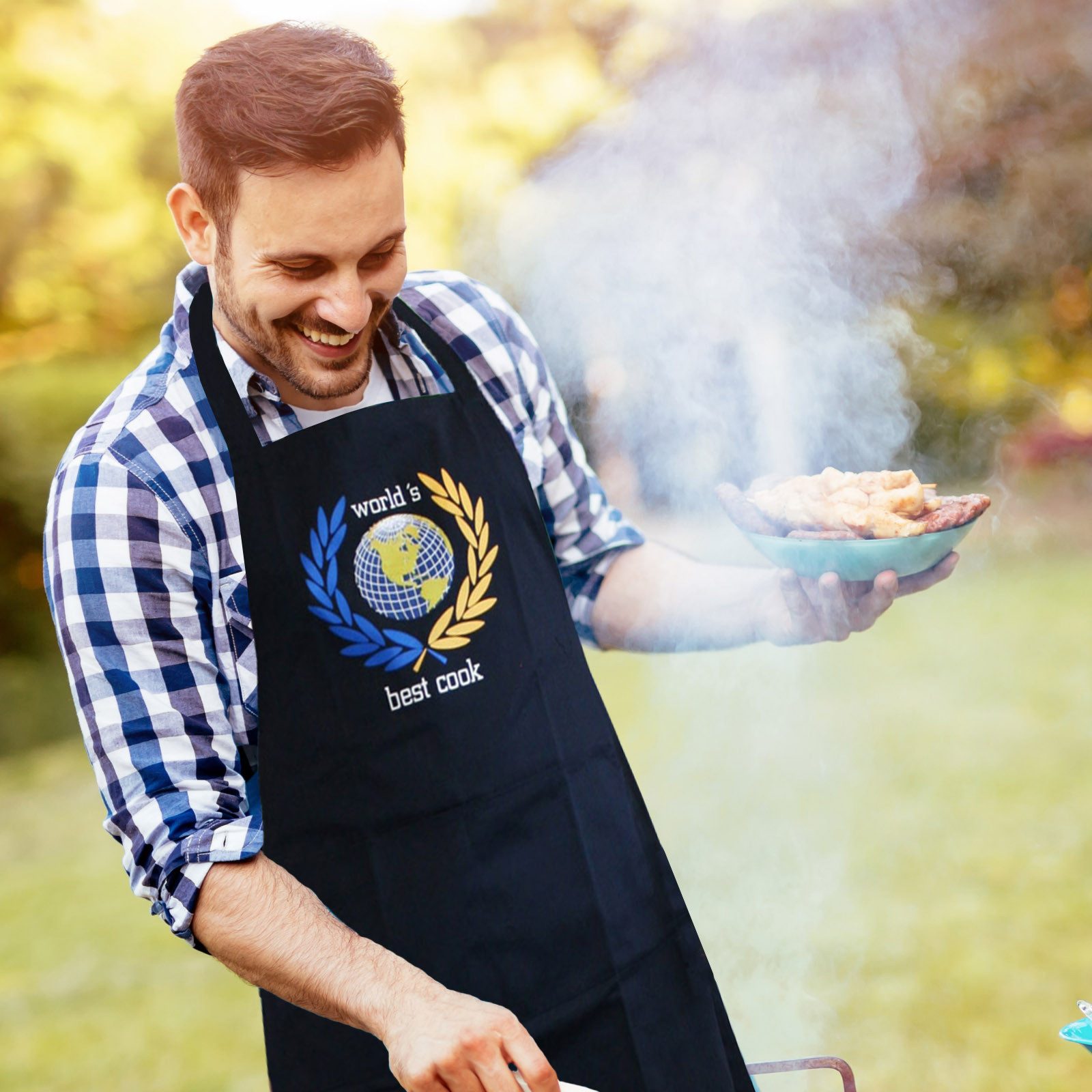 teprovo Grillschürze Kochschürze Schürze 116cm Dunkelblau world's best cook, (1-tlg., integrierte Taschen), mit Motiv und Spruch
