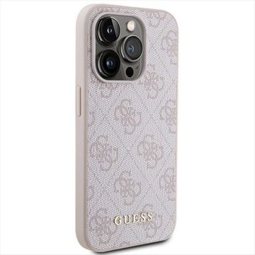 Guess Smartphone-Hülle Guess Apple iPhone 15 Pro Schutzhülle Case 4G Metal Gold Logo Pink