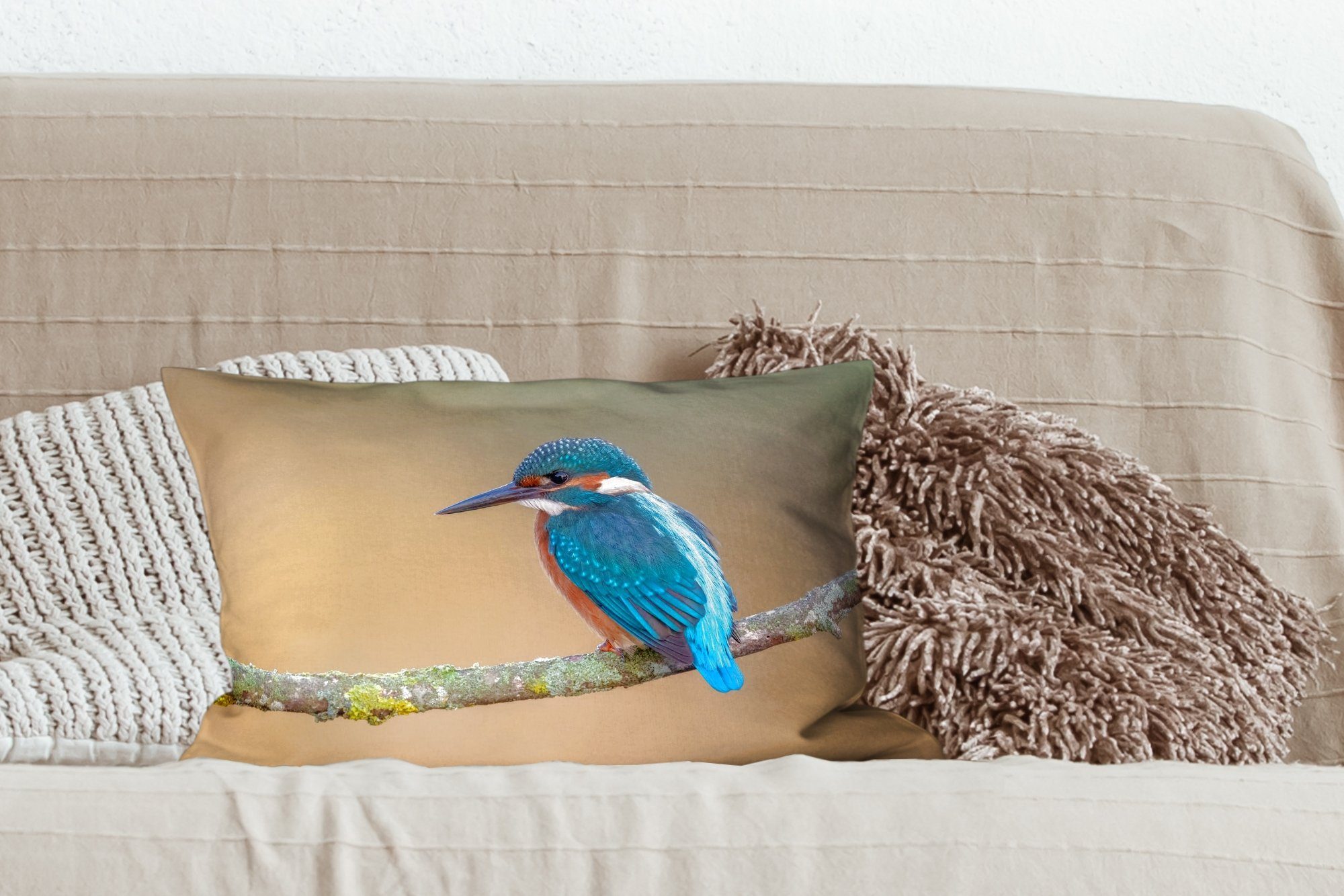 MuchoWow Dekokissen Vogel - Schlafzimmer mit Füllung, Dekokissen Zweig, Eisvogel - Zierkissen, Wohzimmer Tiere - Dekoration