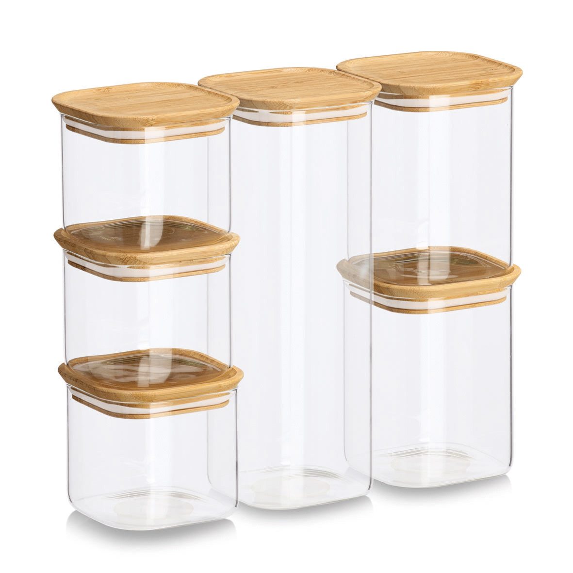 Zeller Present Vorratsglas Vorratsglas-Set mit Bambusdeckel, 6tlg., Borosilikatglas, (Set, 6-tlg), 3x 11x11x9,5 (600 ml), 2x 11x11x14 (950 ml), 1x 11x11x28 (2.150 ml) cm