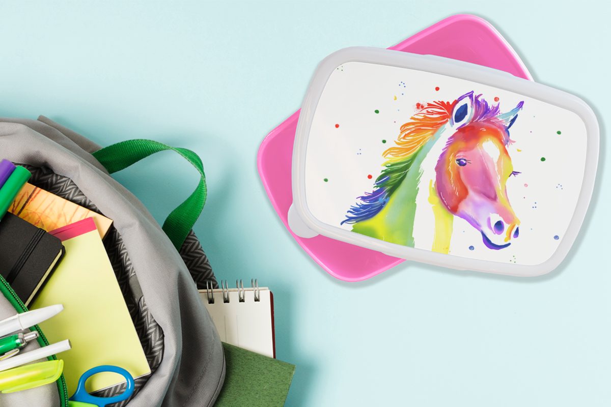 für rosa Polka - - Mädchen Kunststoff Erwachsene, Lunchbox Brotdose - - Pferd Kinder, MuchoWow dots Mädchen, Snackbox, Kunststoff, Brotbox Mädchen, - (2-tlg), Regenbogen Kinder