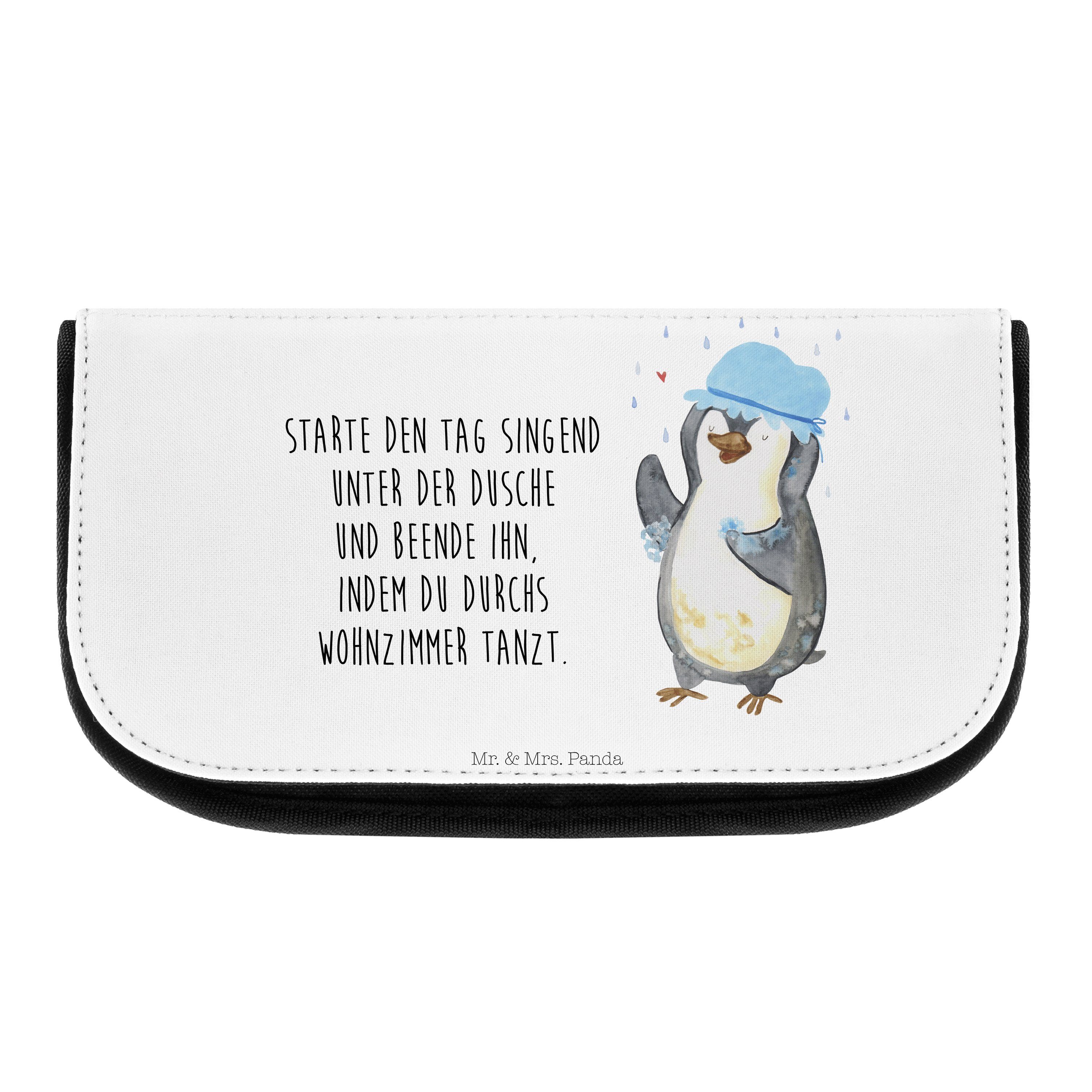 Mr. & Mrs. Panda Kosmetiktasche Pinguin duscht - Weiß - Geschenk, duschen, Dusche, Motivation, Kosmet (1-tlg)