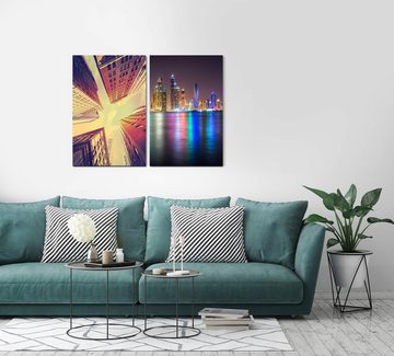 Sinus Art Leinwandbild 2 Bilder je 60x90cm New York Dubai Wolkenkratzer Skyline Architektur Nacht Mega City