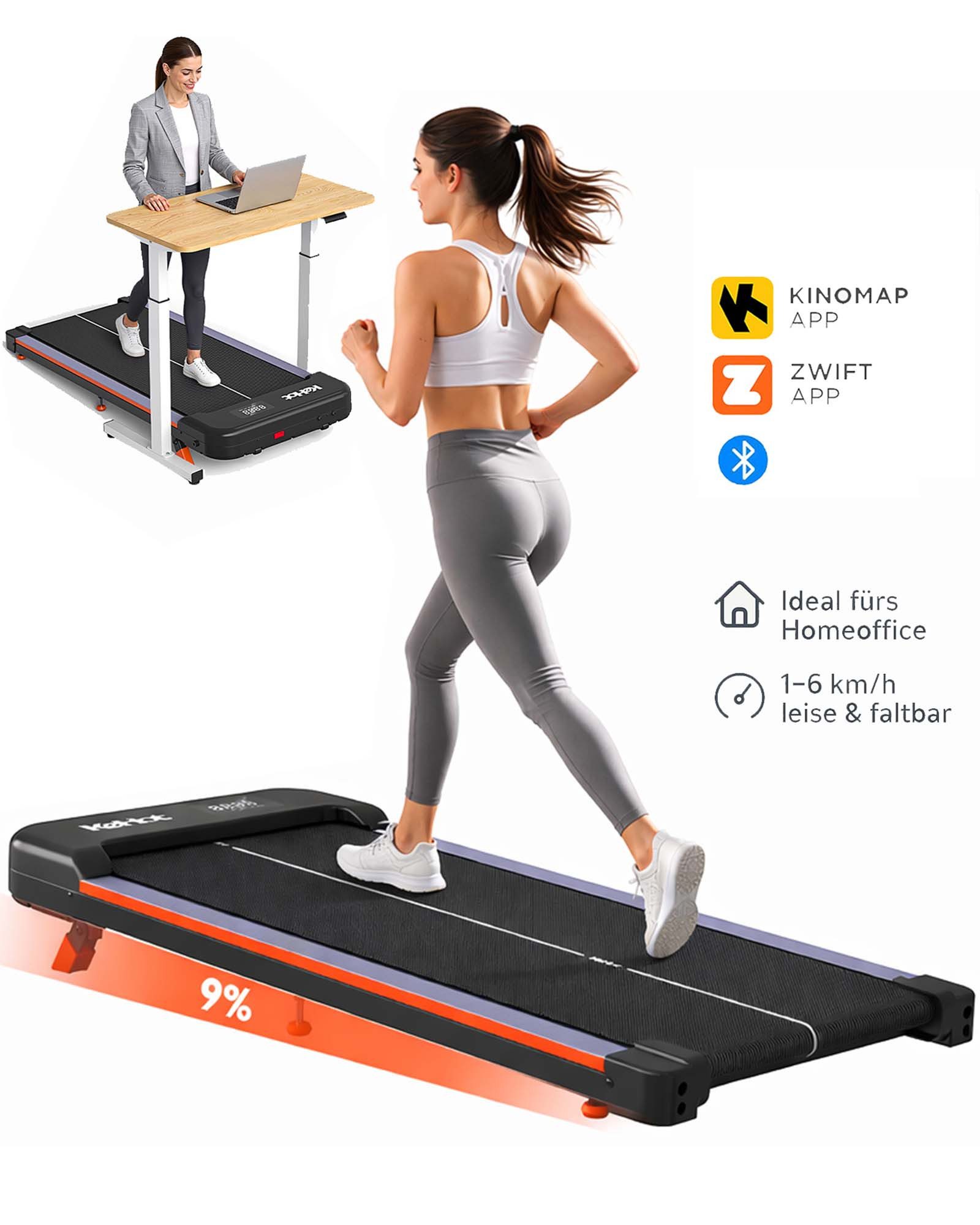 kehot Laufband Laufband für Zuhause mit 9 % manuelle Steigung, 2,5 PS Walking Pad (1–6 km/h Walking Pad, leise & kompakt für Homeoffice, LED Display, Bluetooth App, Fernbedienung & 12 Programme), 40×95 cm Lauffläche, bis 100 kg, platzsparend verstaubar