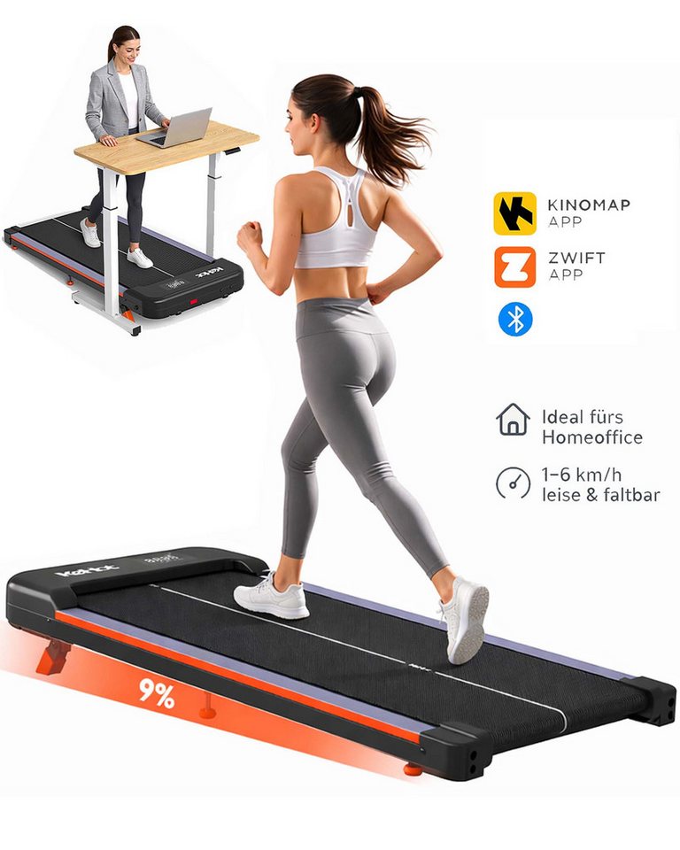 kehot Laufband Laufband für Zuhause mit 9 % manuelle Steigung, 2,5 PS Walking Pad (1–6 km/h Walking Pad, leise & kompakt für Homeoffice, LED Display, Bluetooth App, Fernbedienung & 12 Programme), 40×95 cm Lauffläche, bis 100 kg, platzsparend verstaubar