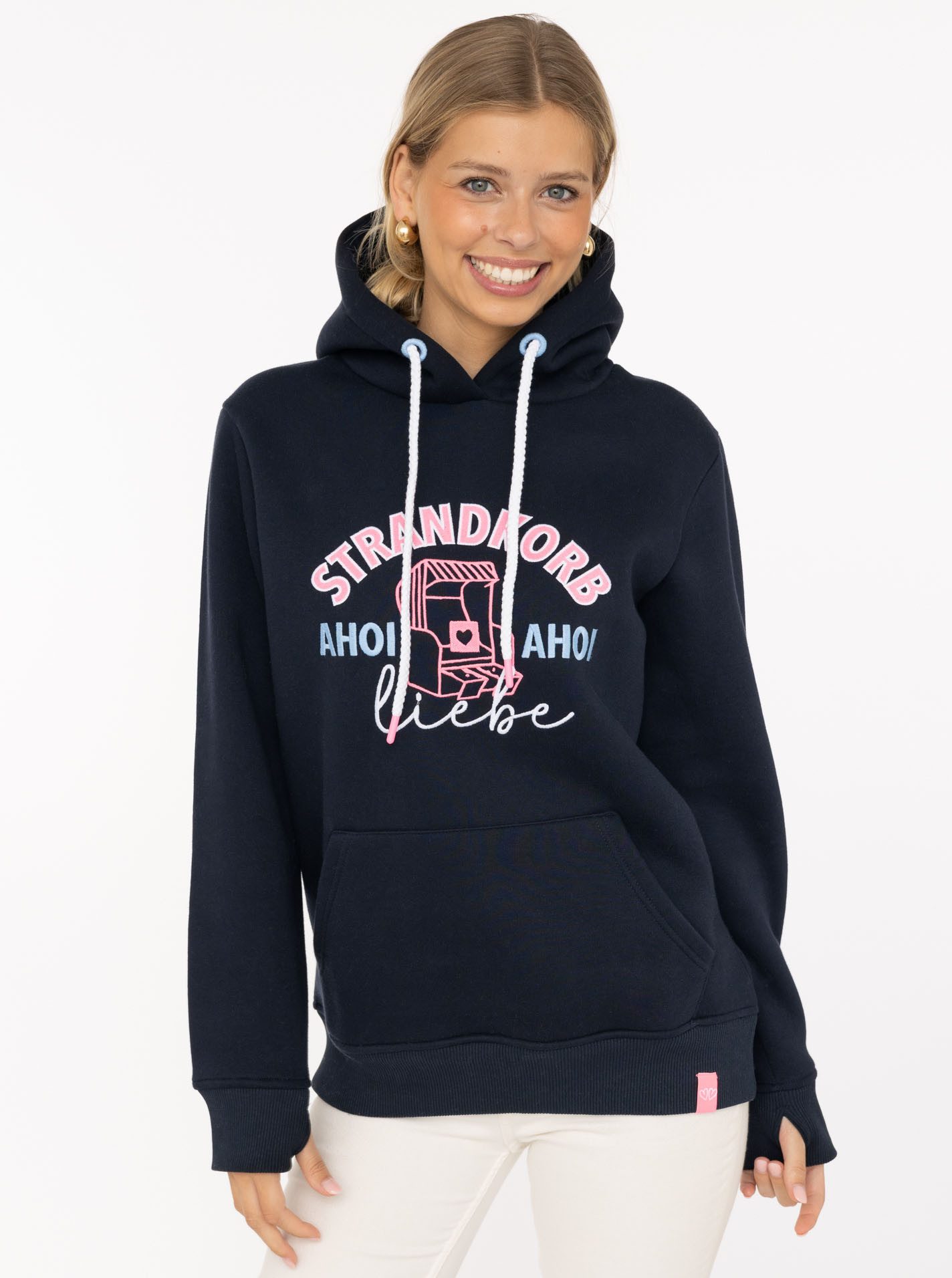 Zwillingsherz Hoodie "Strandkorb" maritime Stickerei, Rippbündchen, Kängurutasche, Kapuze