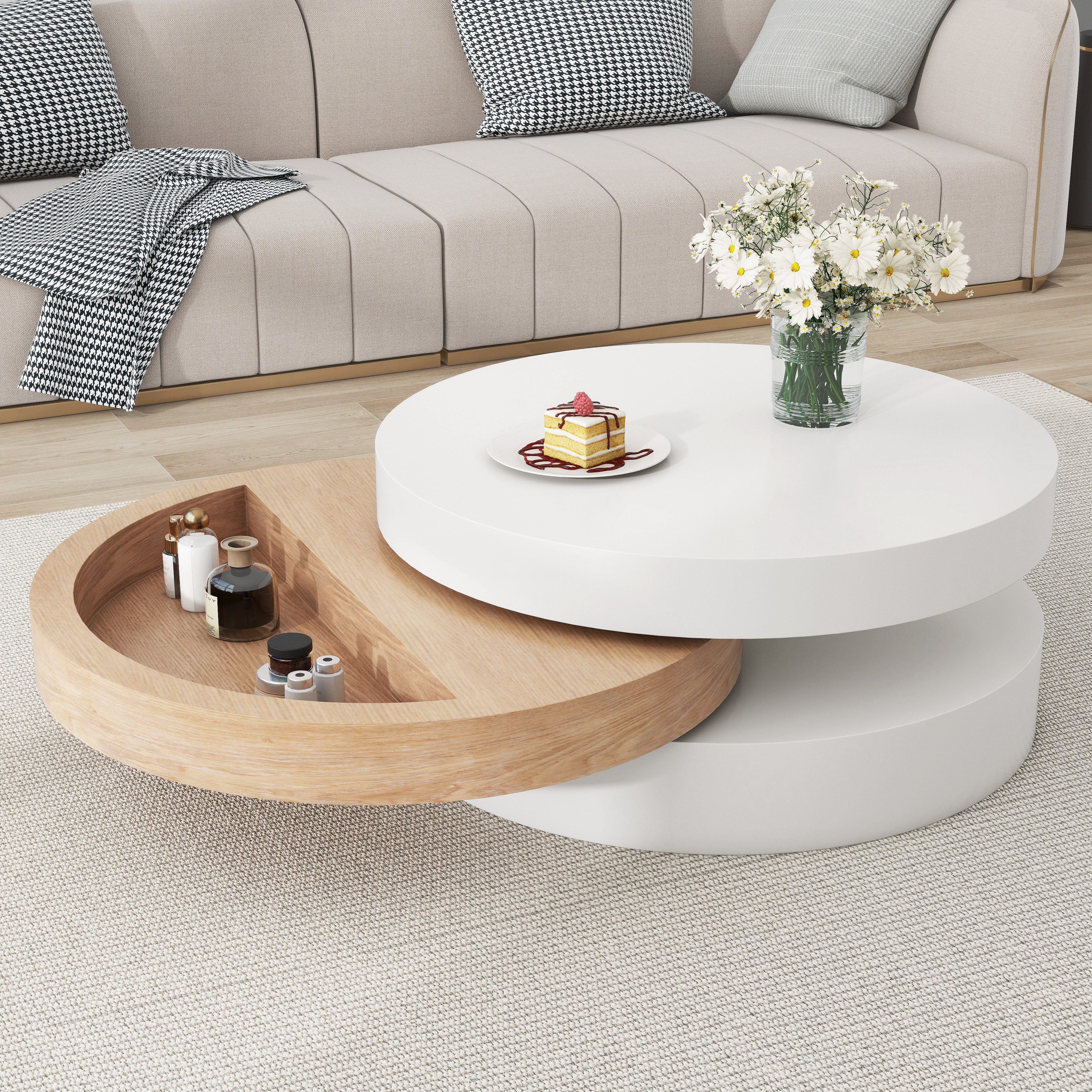 KLAM HOME Couchtisch Drehbarer Couchtisch mit 3 Ablageflächen (360° drehbare Tischplatte & praktischer Stauraum), 60x60x35 cm, 30 kg Tragkraft, Modernes Weidenholz-Design