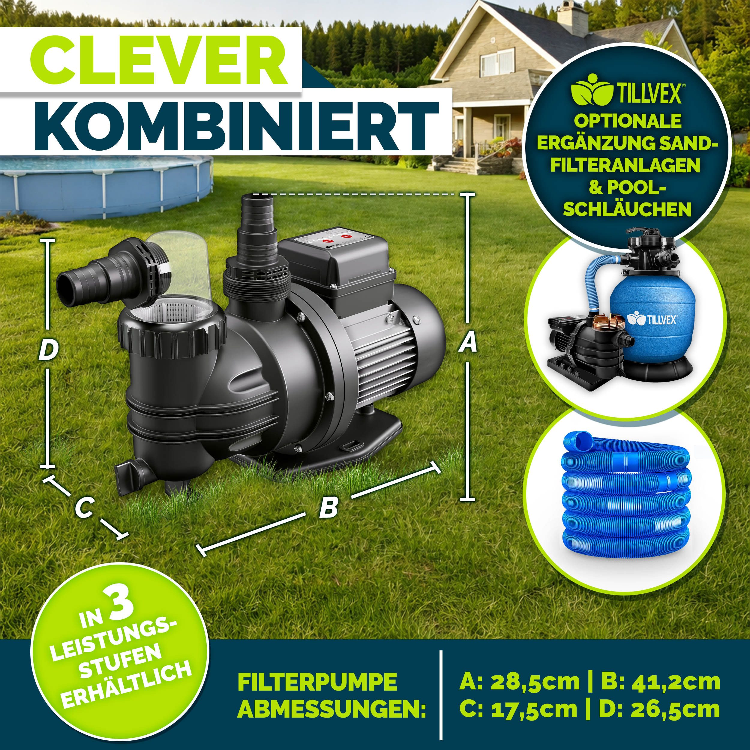tillvex Filterpumpe tillvex® Pool Filterpumpe Poolpumpe Umwälzpumpe (Aufstellpool Spa mit Vorfilter, für Pools Poolpumpe selbstansaugend), Schwimmbadpumpe Poolfilter Umwälzpumpe