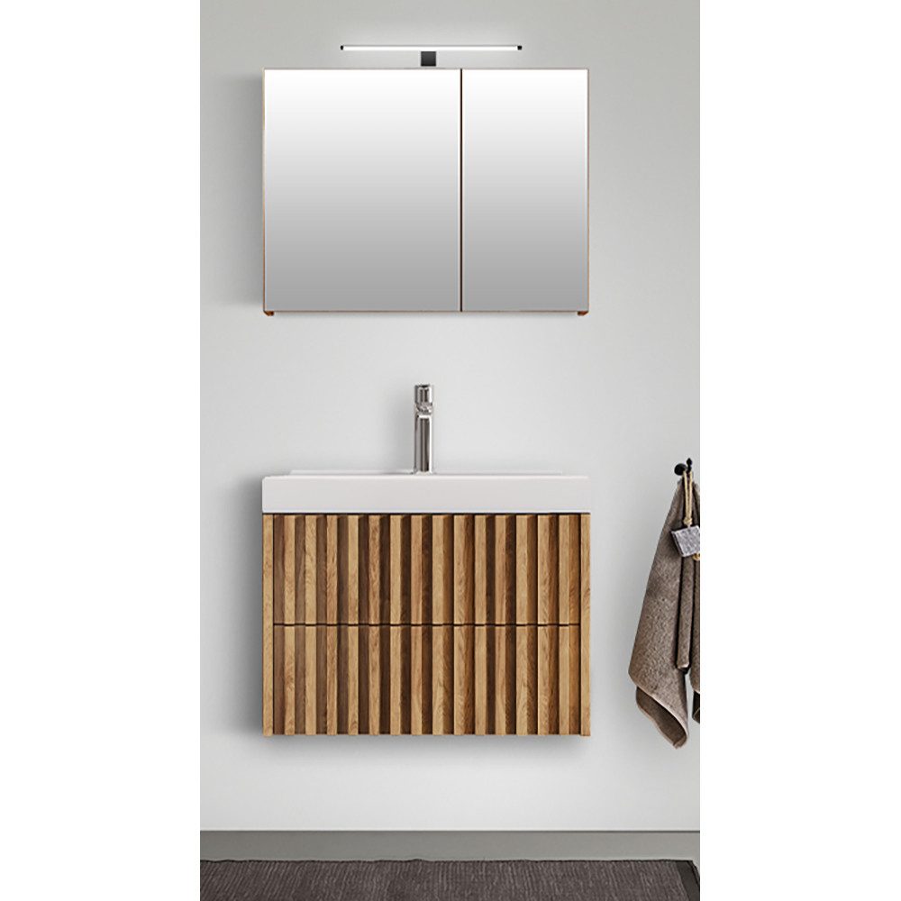 Lomadox Badmöbel-Set DESIO-107, (Spar-Set, 2-St., Waschtisch LED-Spiegelschrank), in Eiche Nb. mit Lamellenfront, griffloses Design, Softclose