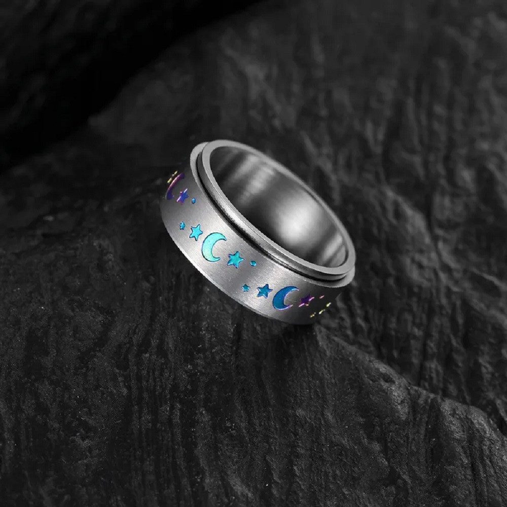 Eyecatcher Fingerring Anti Stress Fidget Ring drehbar Edelstahl bunt Mond und Sterne