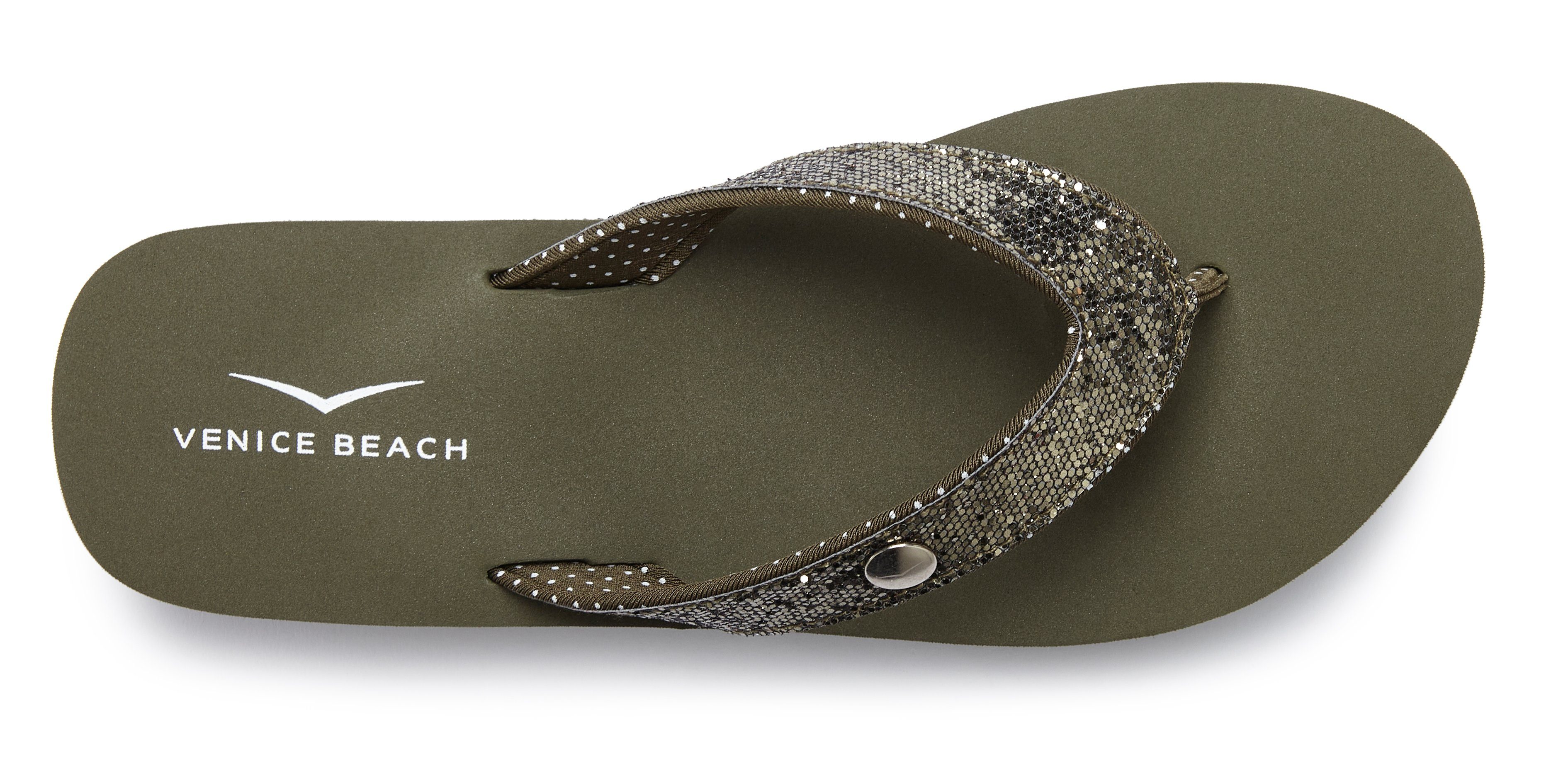Venice Beach Sandale, Badeschuh VEGAN Pantolette, Badezehentrenner ultraleicht olivgrün mit Glitzerband