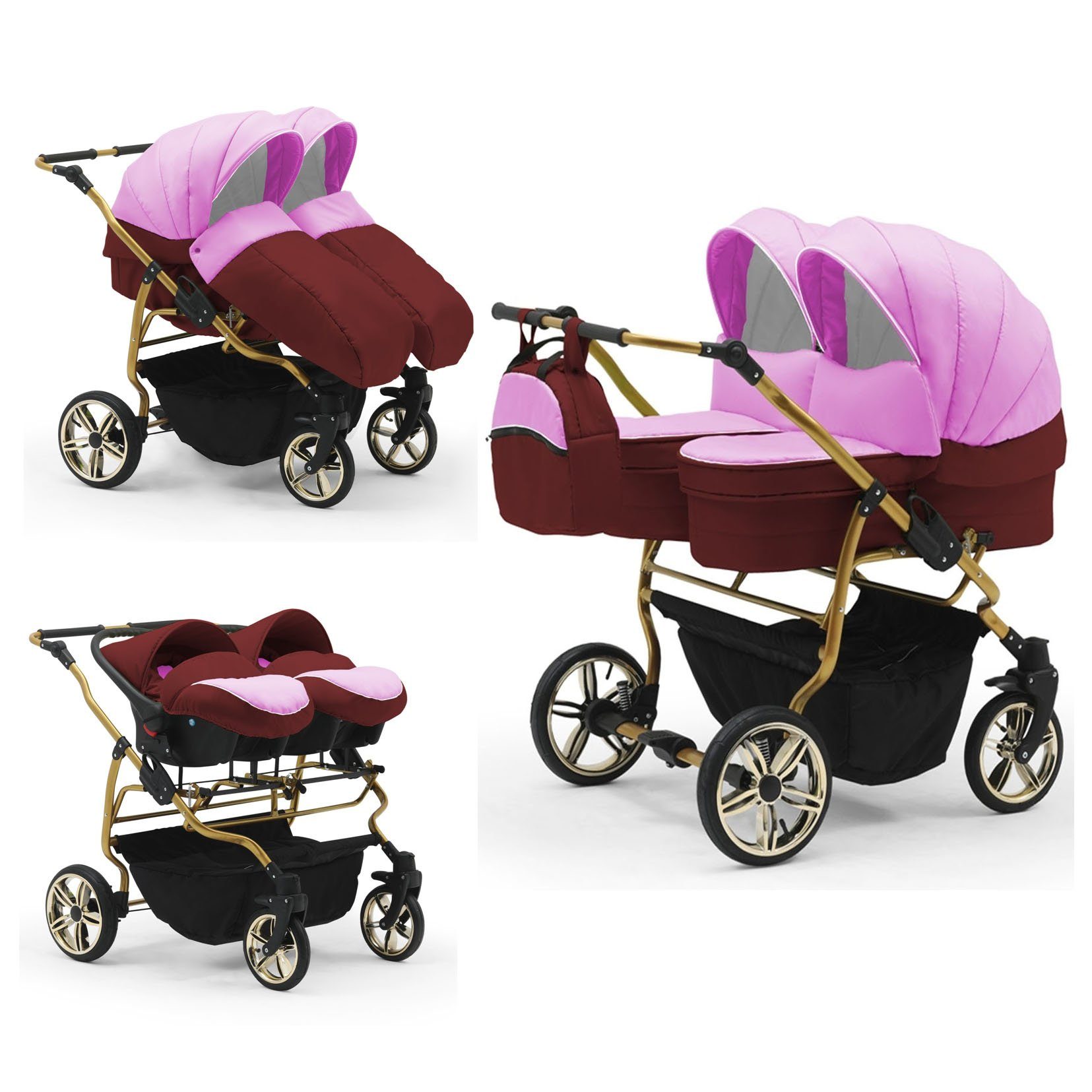babies-on-wheels Zwillingswagen Duet Lux Gold 3 in 1 inkl. Autositze - 13 Teile - in 33 Farben Pink-Bordeaux