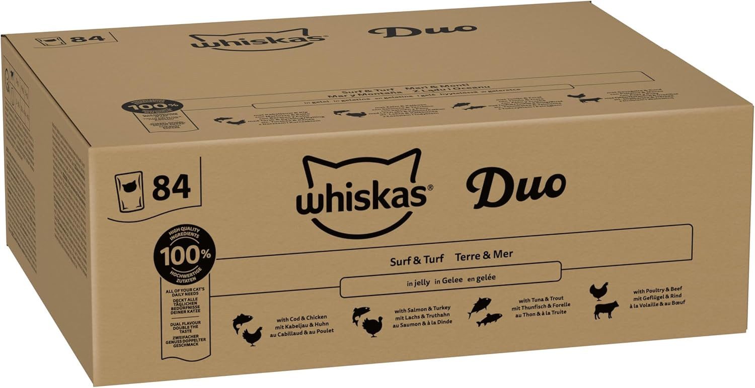 Whiskas WHISKAS® Portionsbeutel Multipack Duo 1+ Surf & Turf in Gelee 84 x 85g, Nassfutter für: Katze