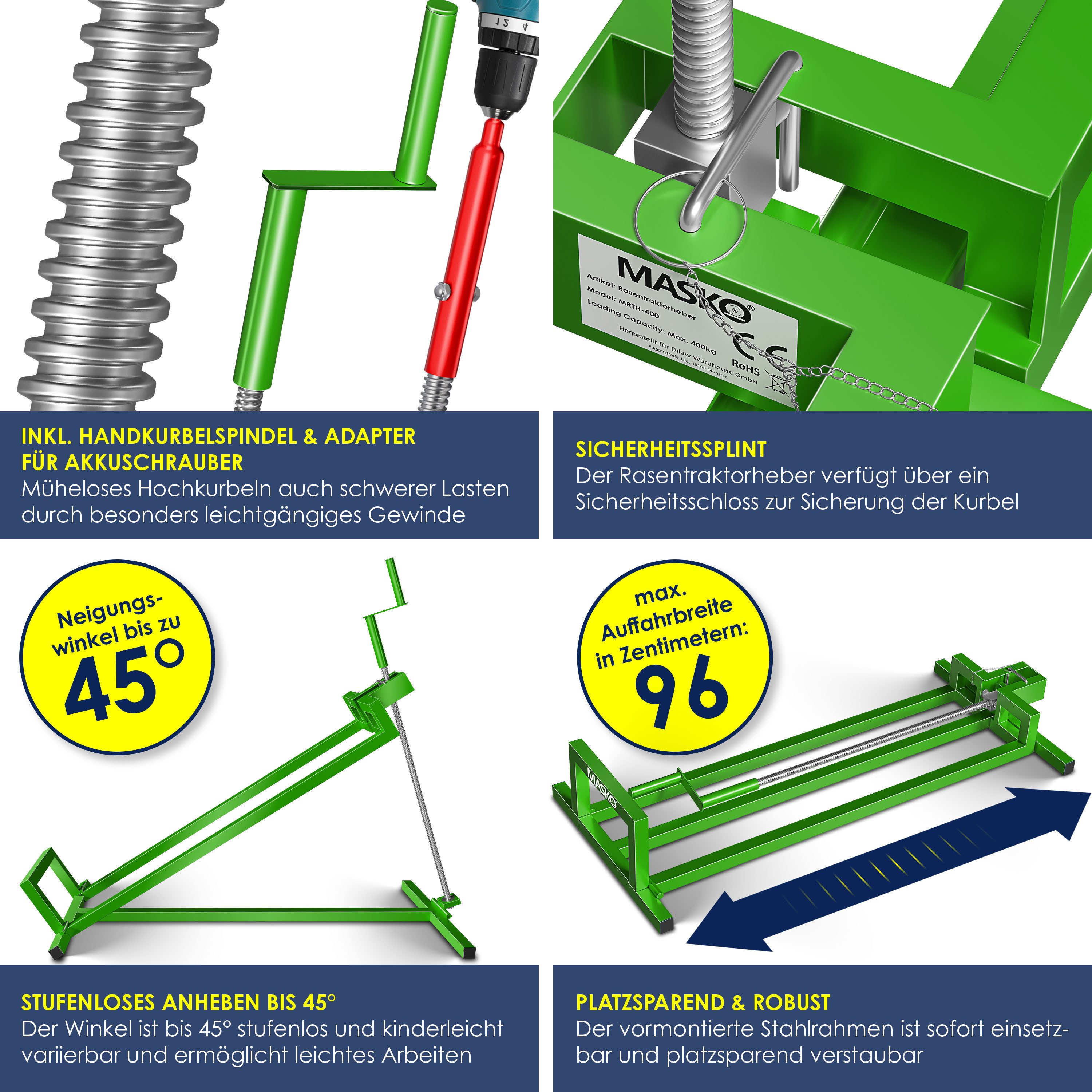 MASKO Rasentraktor Heber 450kg Hebevorrichtung für Aufsitzmäher mit Adapter inkl. Bürste, Rasentraktorheber, universelle Reinigungshilfe, Hebebühne für Quad