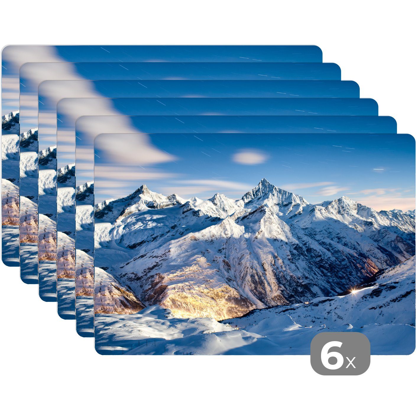 Alpen MuchoWow, Platzdecken, Tischmatten, (6-St), Platzmatte, Platzset, - Schnee, Platzset, Schmutzabweisend - Berg
