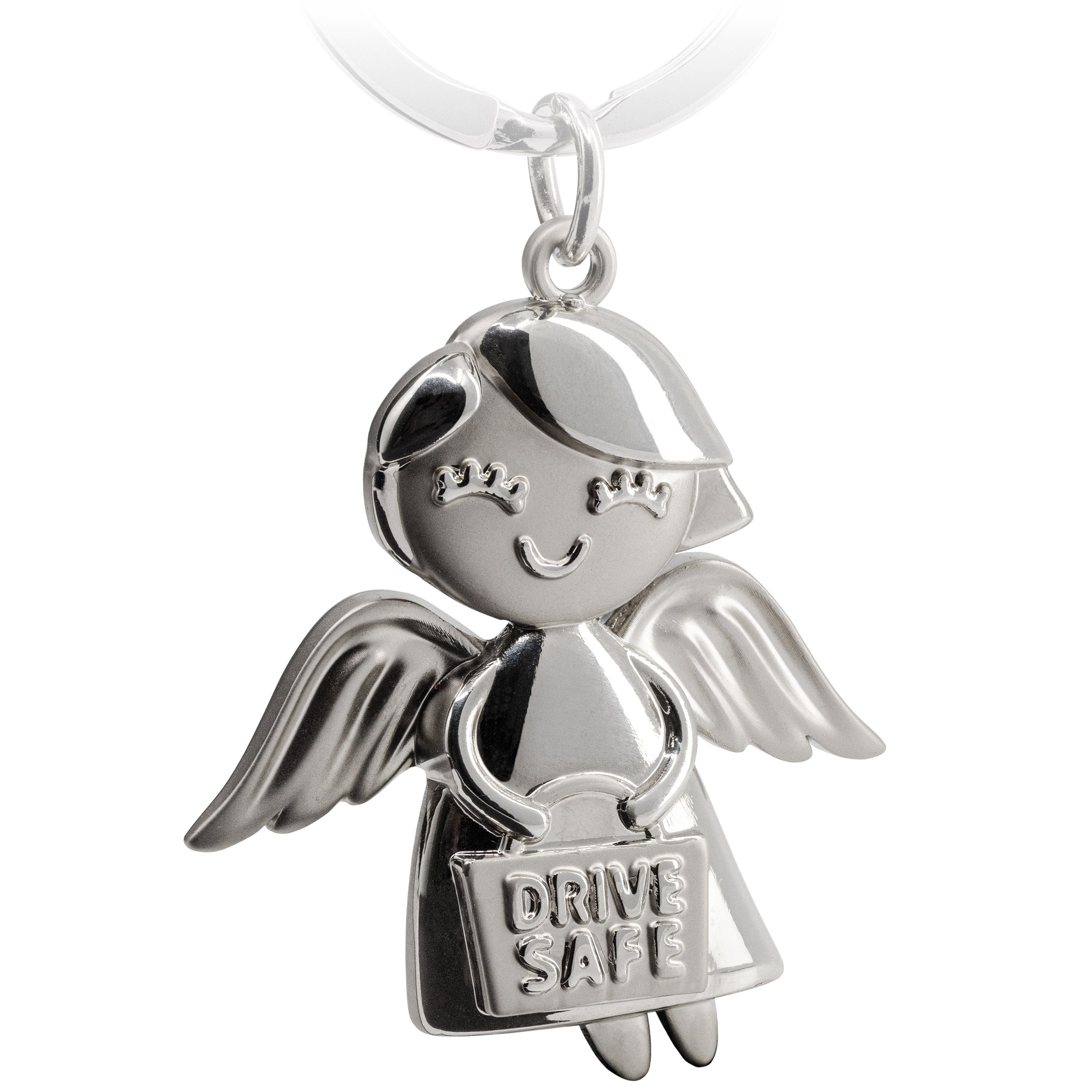 FABACH Schlüsselanhänger Schutzengel Emmy - Gravur Drive Safe - Fahr vorsichtig Glücksbringer Silber