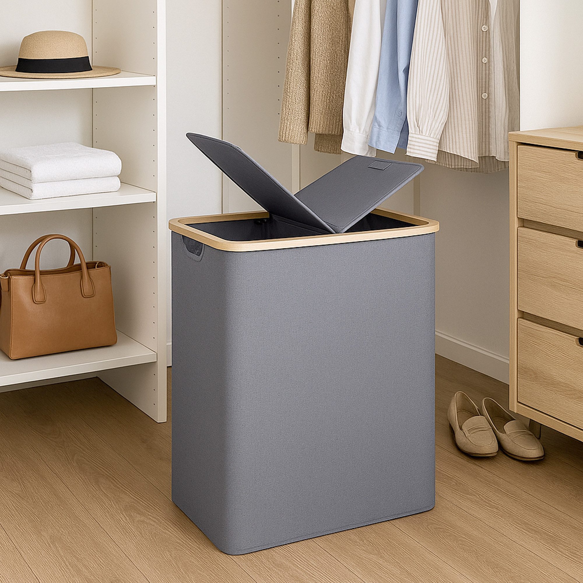 Bestlivings Wäschekorb mit Bambusrahmen inkl. 2 Fächern 54x34x65 cm, 120L, 2-geteilter Deckel, Bezug: 100% Polyester, atmungsaktiv