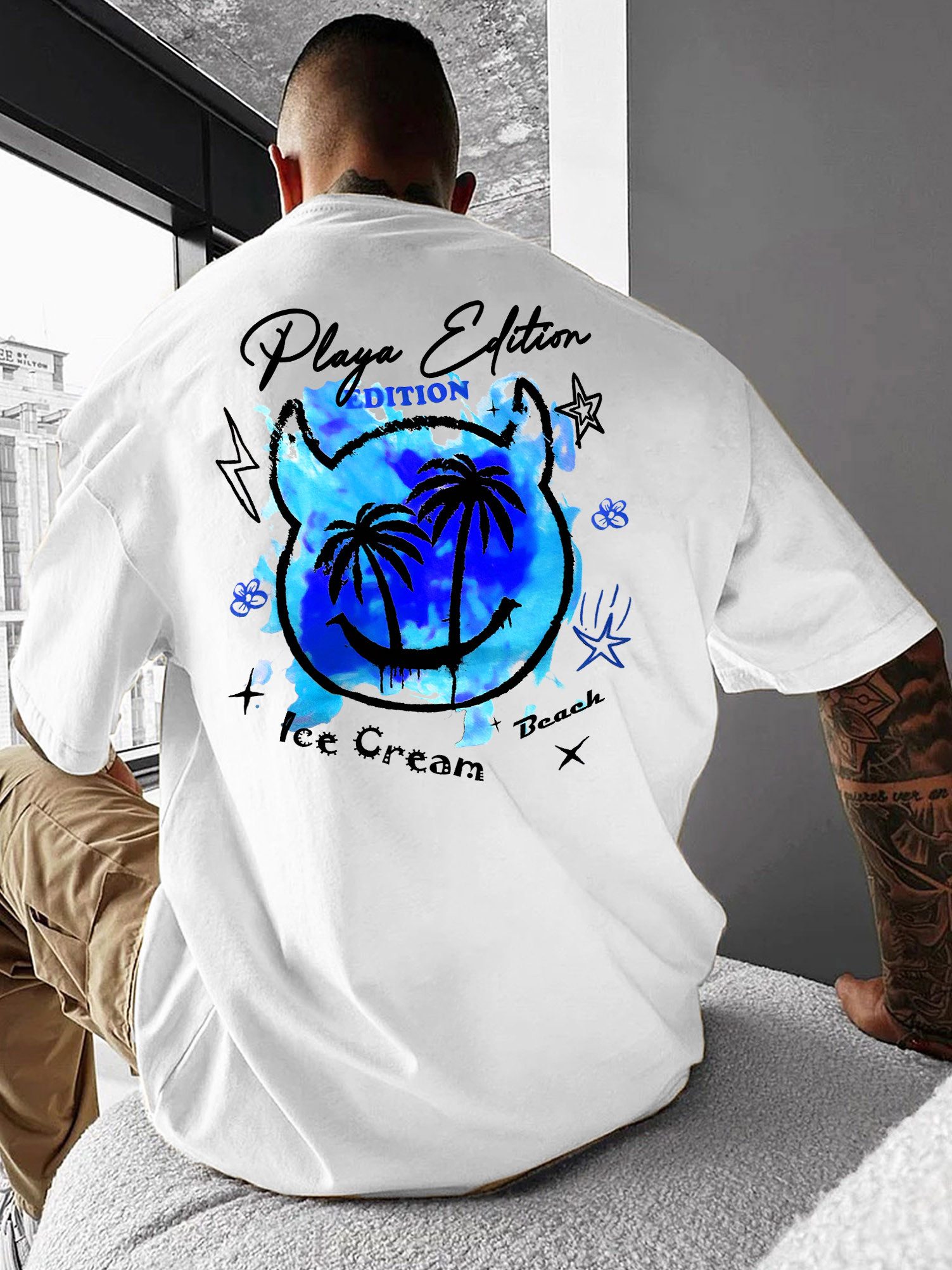 RMK T-Shirt Herren Shirt Top Rundhals mit Strand Smily Palmen Print aus 100% Baumwolle