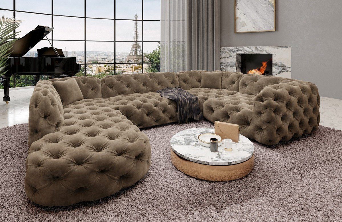 Sofa Dreams Wohnlandschaft Chesterfield Couch Sofa im U Stil Stoff Stoffsofa, Form hellbraun09 Lanzarote Design Couch
