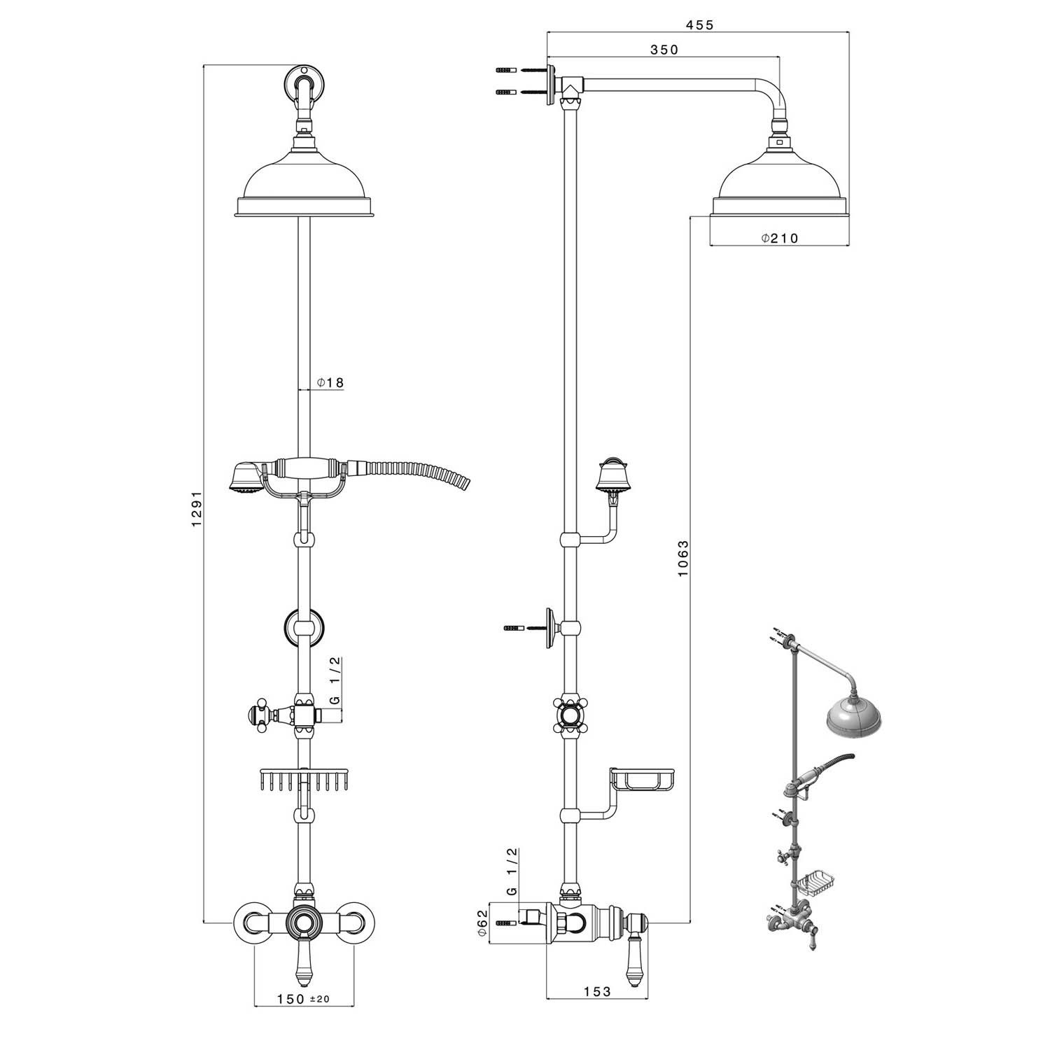 Sapho Duschsäule VIENNA Duschsäule mit Armatur, Seifenschale, Höhe 1291mm, Bronze, Höhe 129,1 cm, Sapho-VO138BR