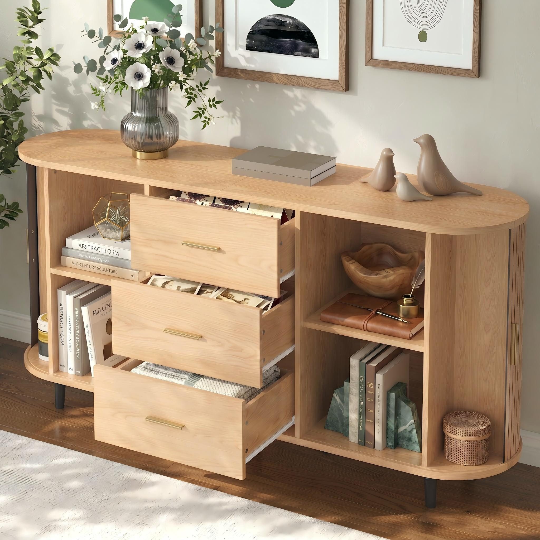 Totnz Sideboard mit 3 Schubladen und 2 Schiebetüren, mit verstellbaren Einlegeböden (Rillendesign, Metallgriffen und Eisenfüßen), für Esszimmer, Wohnzimmer und Flur