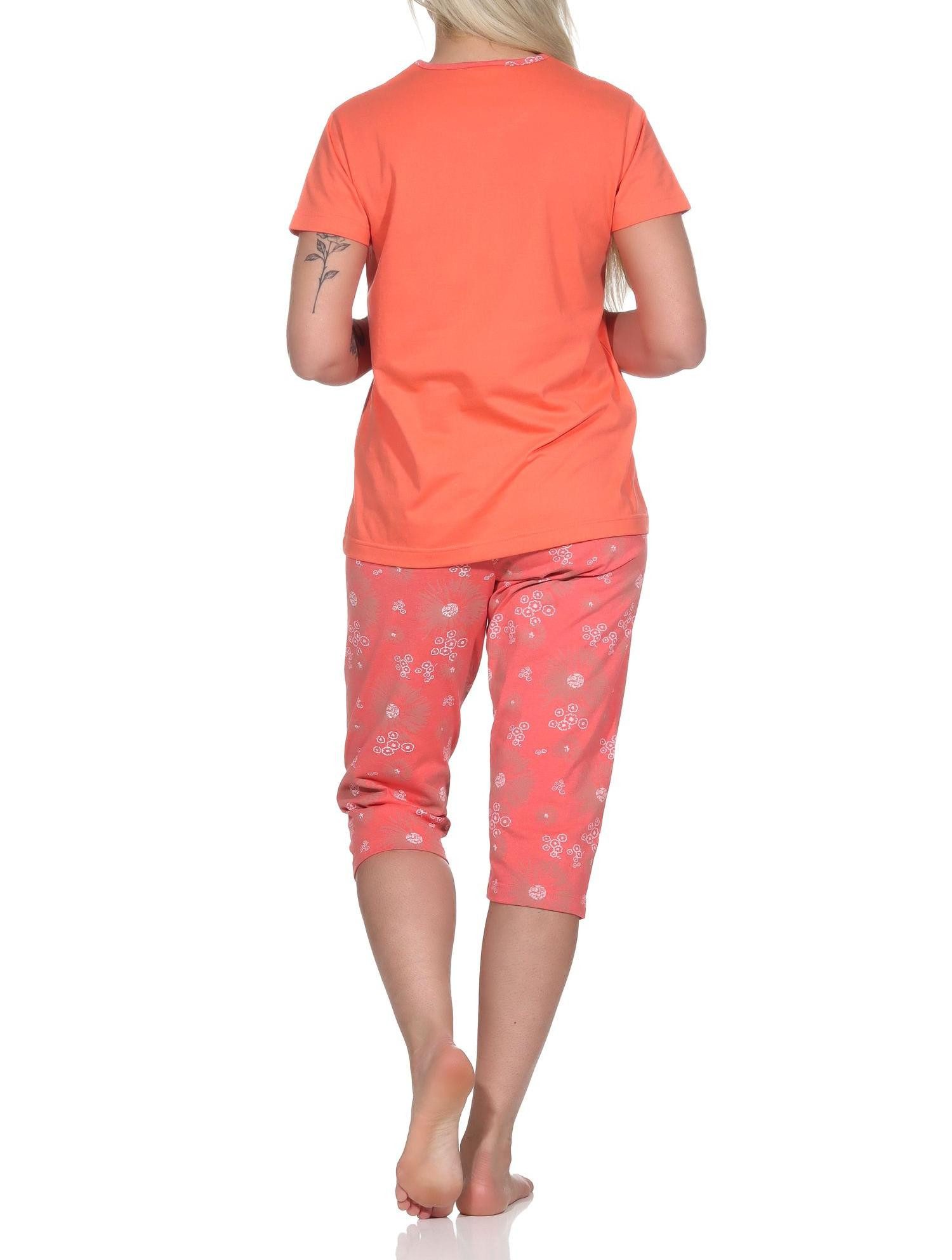 Normann Pyjama Damen kurzarm Schlafanzug mit Caprihose in geblümter Optik – Bild 4 von 5