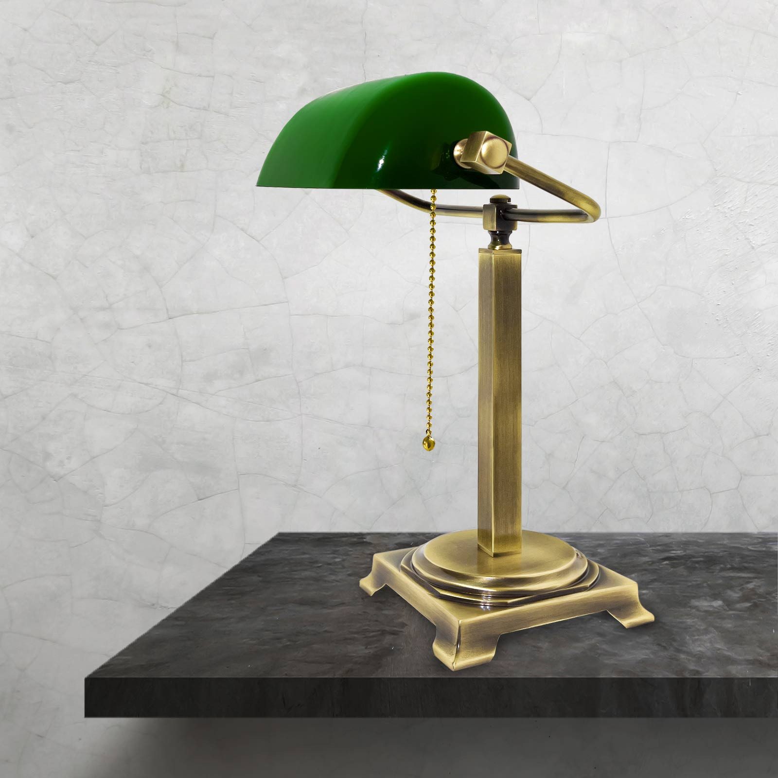 Licht-Erlebnisse Schreibtischlampe MINISTERO, ohne Leuchtmittel, Bankerlampe in Bronze hell glänzend Grün E27 39,5 cm Glas Jugendstil