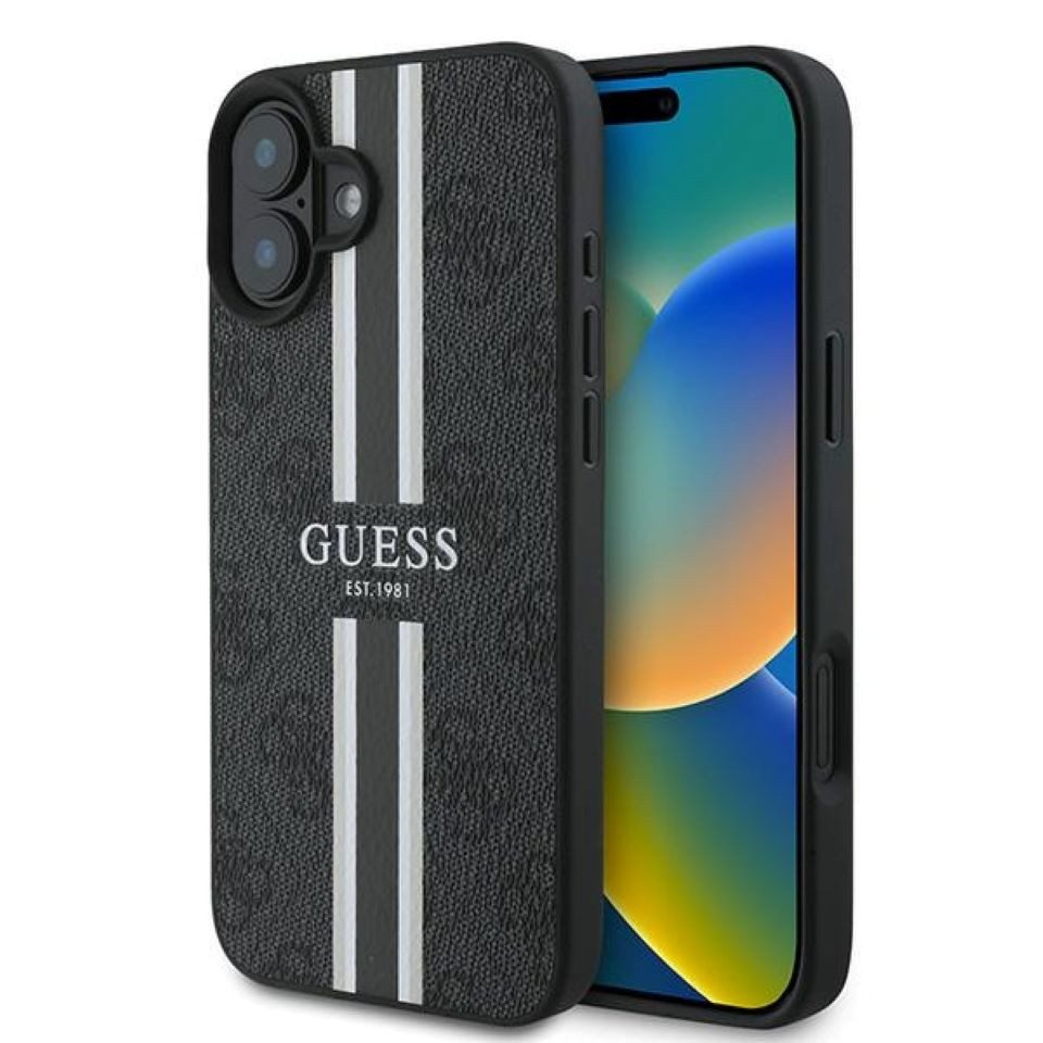Guess Handyhülle iPhone 16 Plus Kunstleder Muster grau Logo goldfarbig MagSafe 6,7 Zoll, Kantenschutz