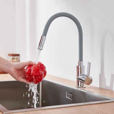 Auralum Küchenarmatur Wasserhahn Küchen mit Flexible Silikonschlauch Hochdruck Mischbatterie mit 2 Strahlarten,360° Drehbar,Grau