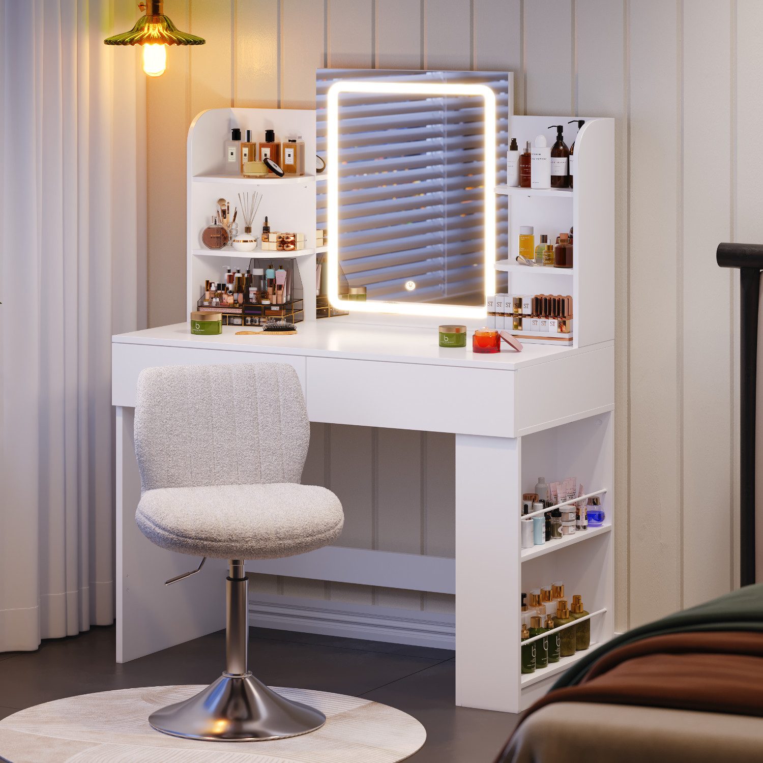 HOMALL Schminktisch Set aus Schminktisch und Hocker, mit einstellbarer Helligkeit (Maße: 90/110 × 40 × 135 cm, LED-Beleuchtung, 8 offene Fächer + 2 Schubladen, Seitenteile nach links oder rechts austauschbar, für eine bessere Raumnutzung)