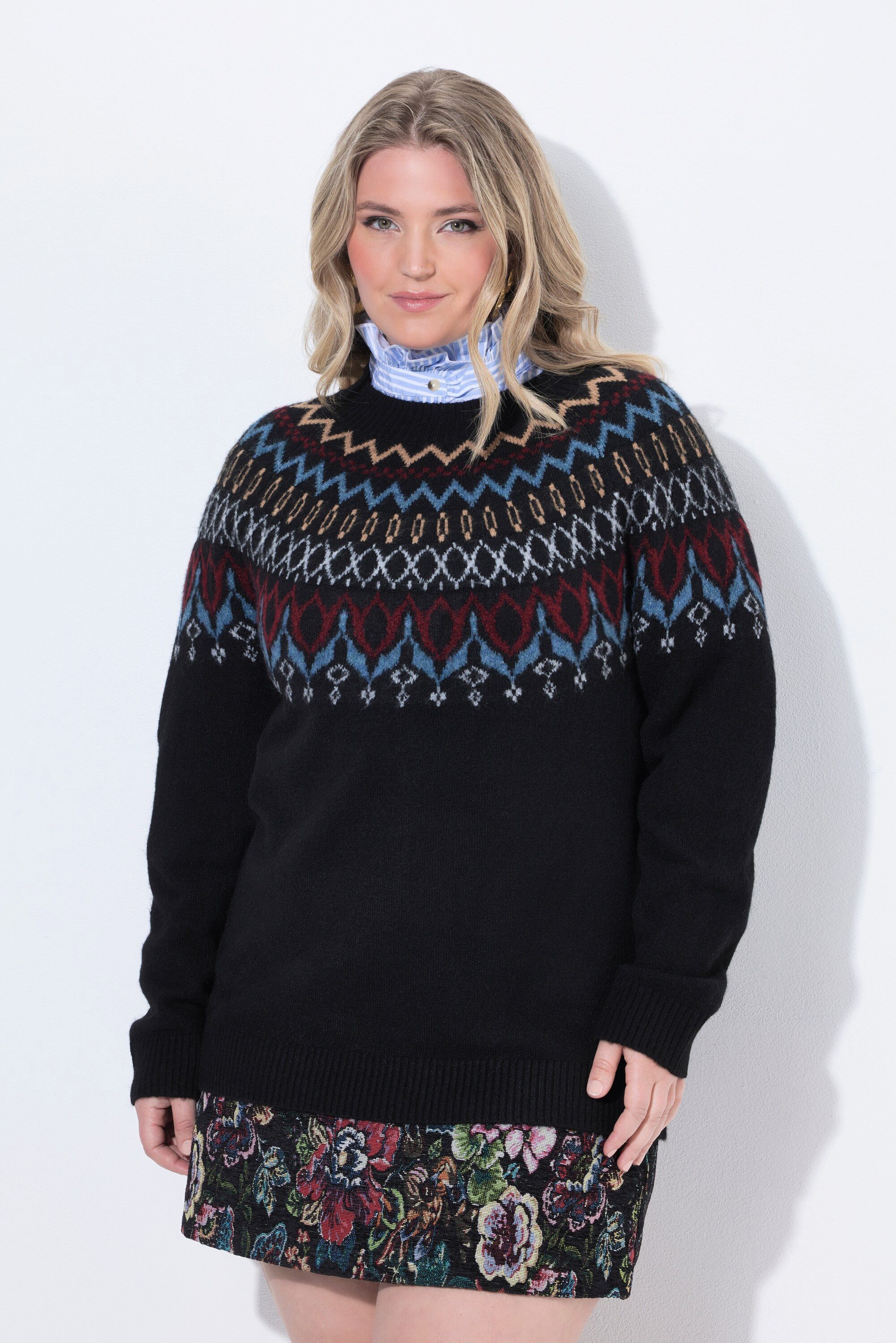 Ulla Popken Strickpullover Norweger-Pullover Rundhalsausschnitt Langarm