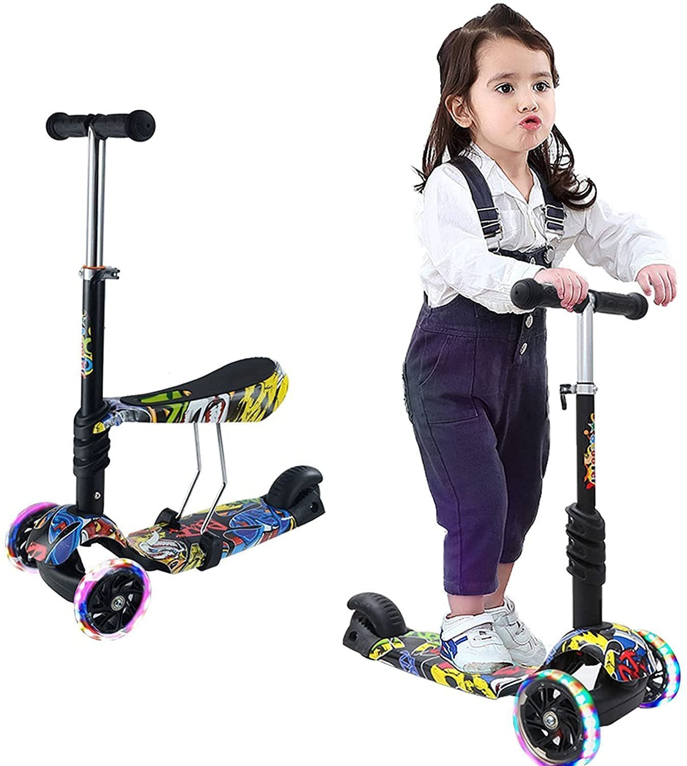 Kinder Faltbare Kick-Roller 3 Rad mit Leuchtenden Rädern+Kinderhelm für 3-8Jahre 