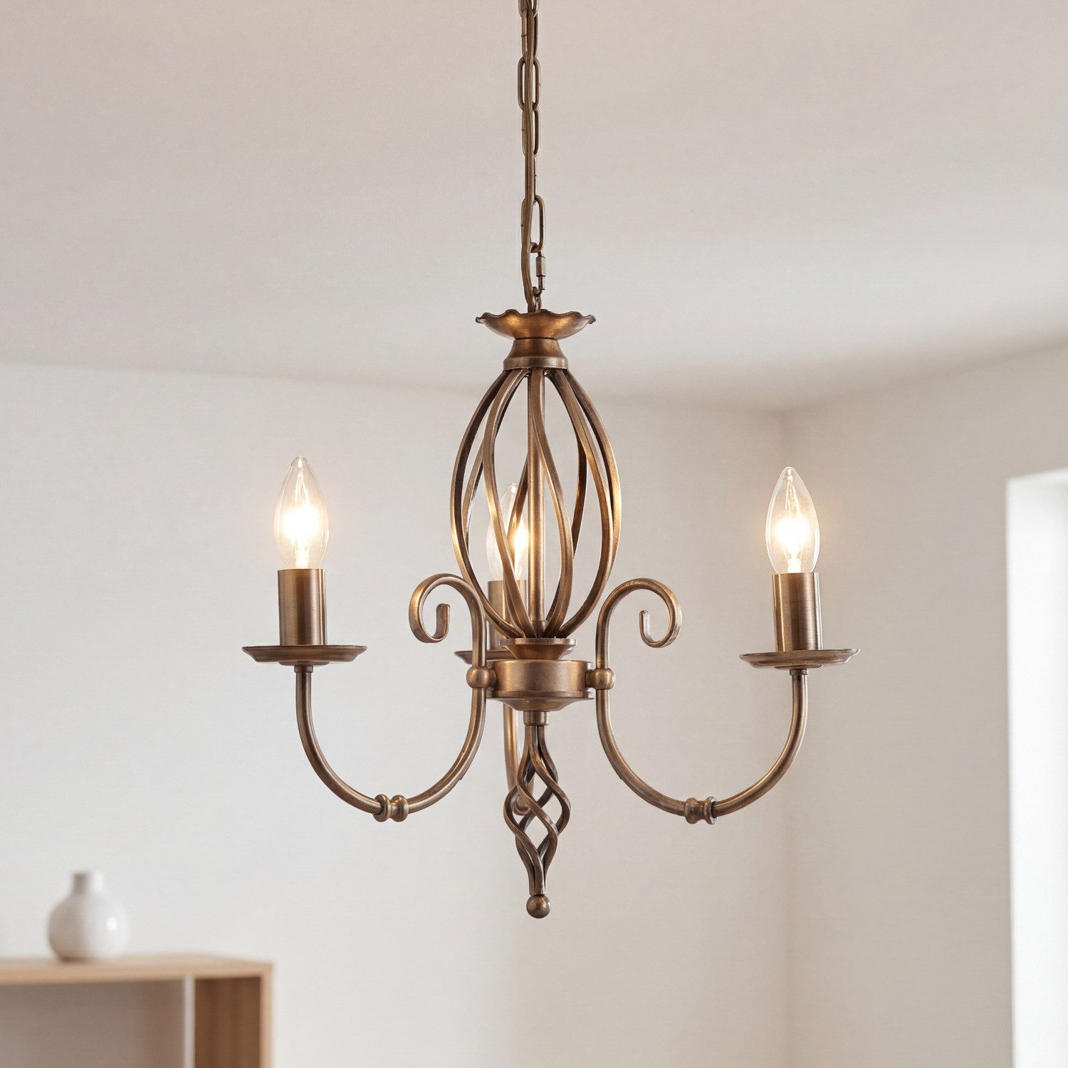Licht-Erlebnisse Kronleuchter CANDELA 1, ohne Leuchtmittel, Messing Antik Metall 3-armig L:36 cm E14 Rustikal Esstisch