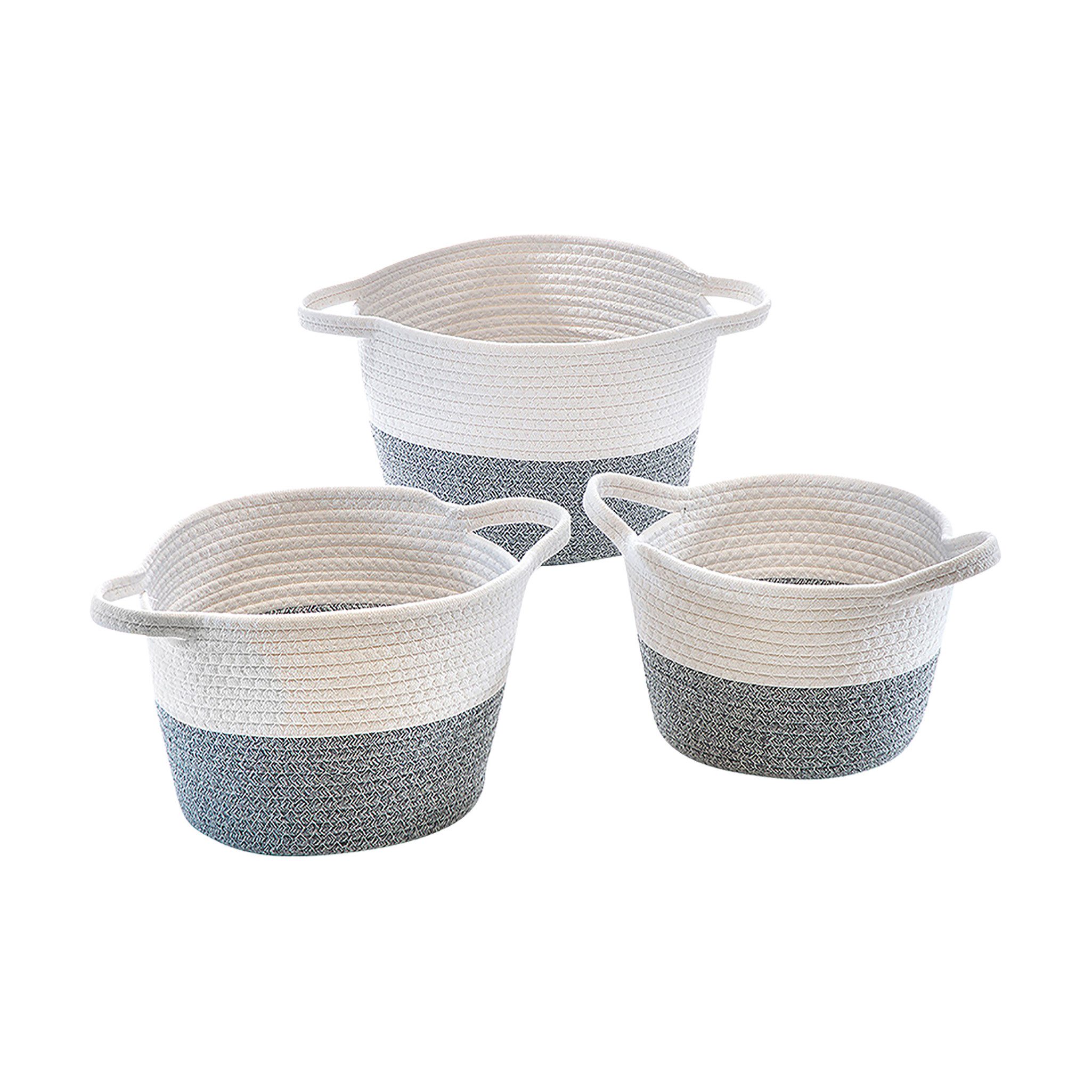 Kobolo Aufbewahrungskorb Baumwollkorb rund grau weiß mit Griffen 3er Set günstig online kaufen