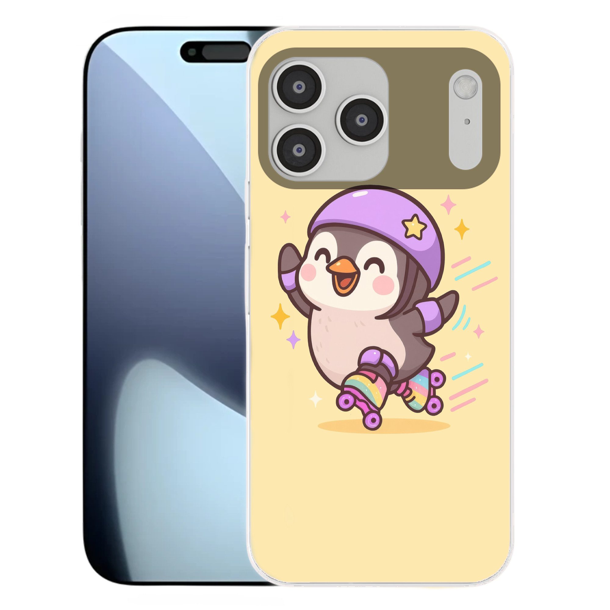 MuchoWow Handyhülle für Apple iPhone 17 Pro Max Pinguin - Rollschuhe - Gelb - Energetisch, Smartphone-Bumper, Print, Handy Schutzhülle Dünn