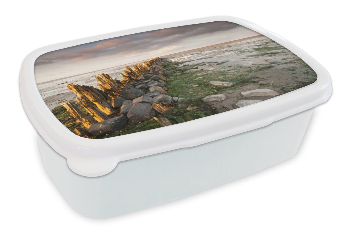 MuchoWow Lunchbox Meer - Steine - Niederlande, Kunststoff, (2-tlg), Brotbox für Kinder und Erwachsene, Brotdose, für Jungs und Mädchen weiß