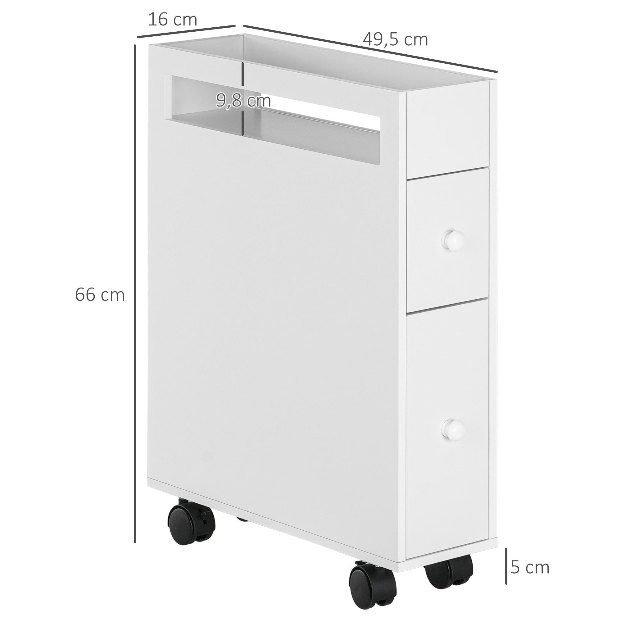 HOMCOM Badkommode Badezimmerschrank mit Rollen, 2 Schubladen (Badrollwagen, 1 St., Nischenschrank), für Bad, 16 x 49,5 x 66 cm, Weiß