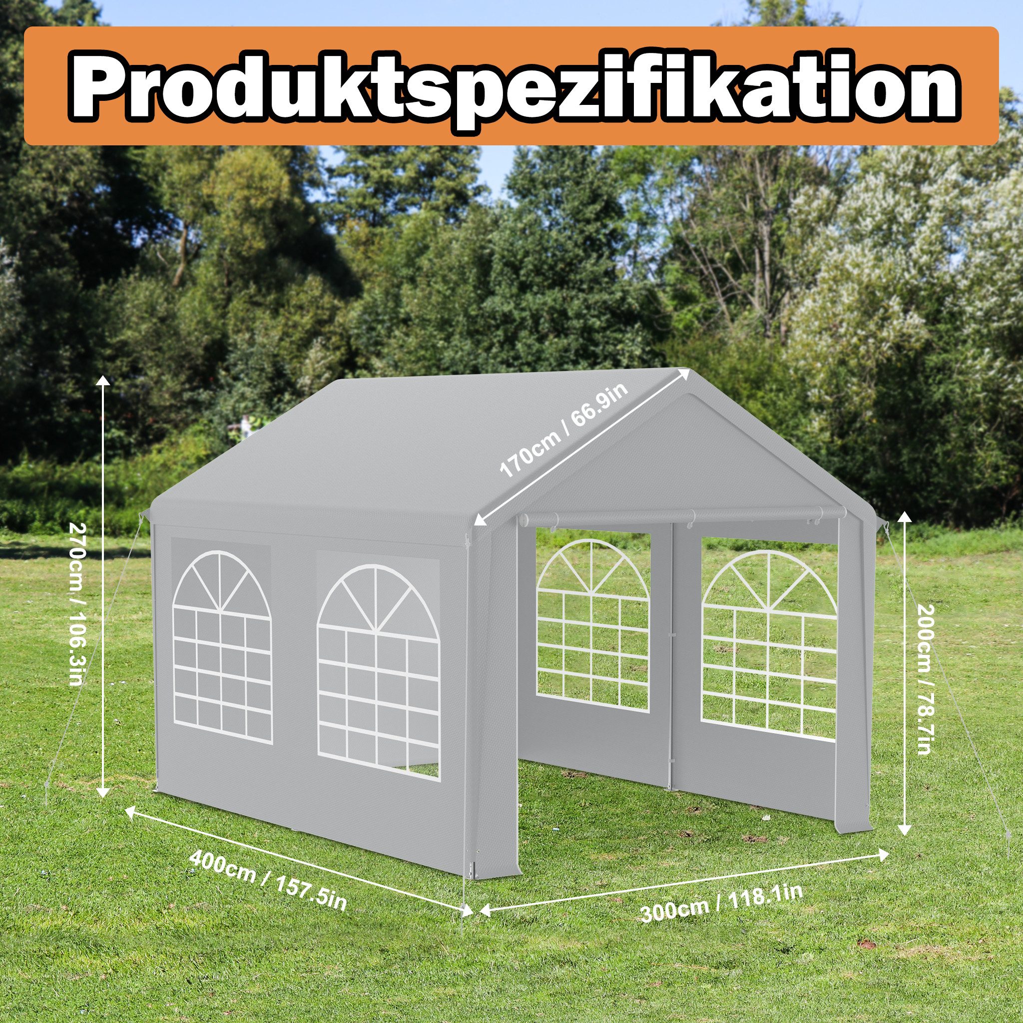 FIVMEN Partyzelt Garten Pavillon mit 4 abnehmbaren Seitenteilen, Grau/Weiß