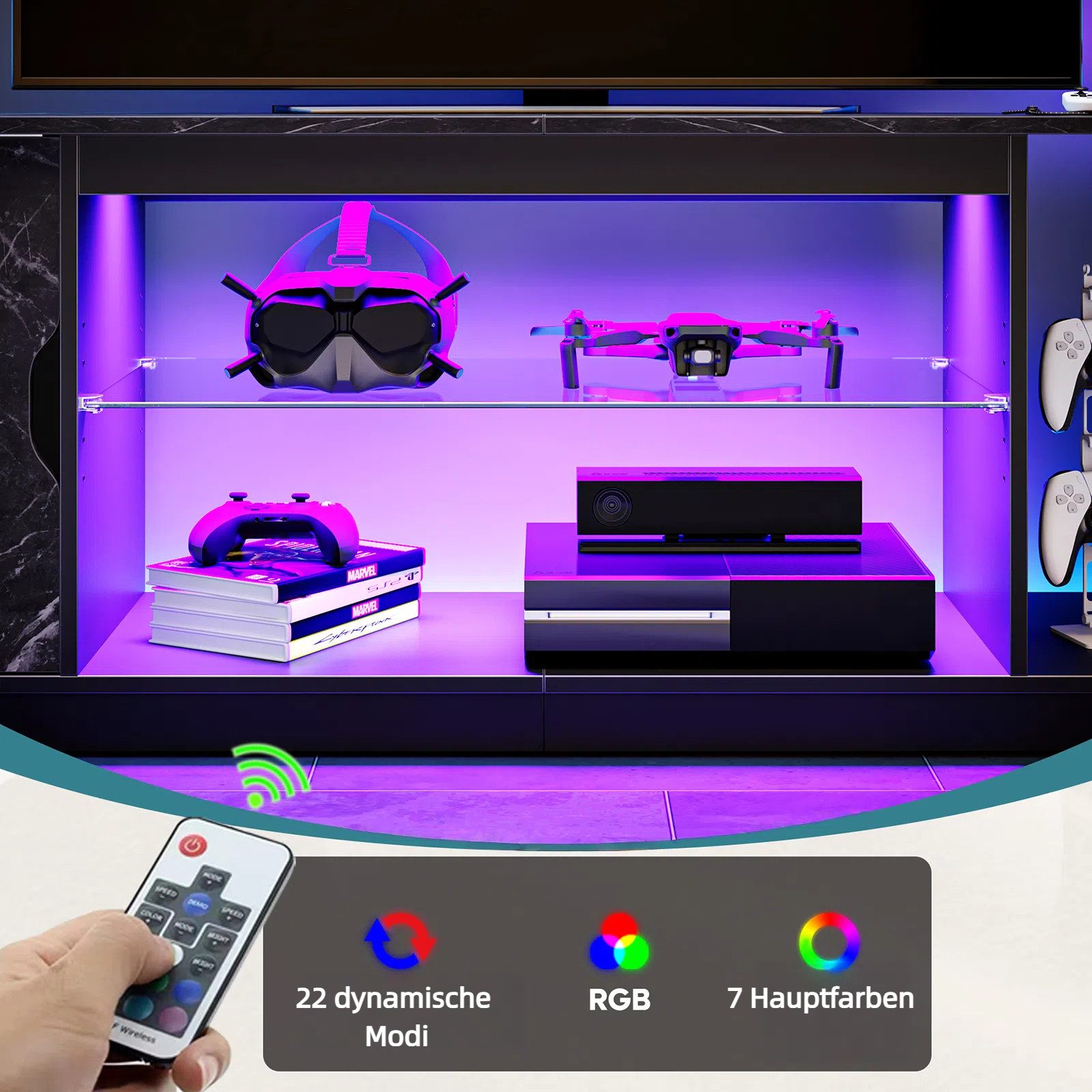 Bestier TV-Schrank Lowboard für 65 Zoll & kleinere TVs, 144.8 x 35 x 52 cm, (Fernsehschrank mit RGB-LED-Leuchten) Fernsehtisch mit verstellbaren Glasböden für Wohnzimmer, Schwarze